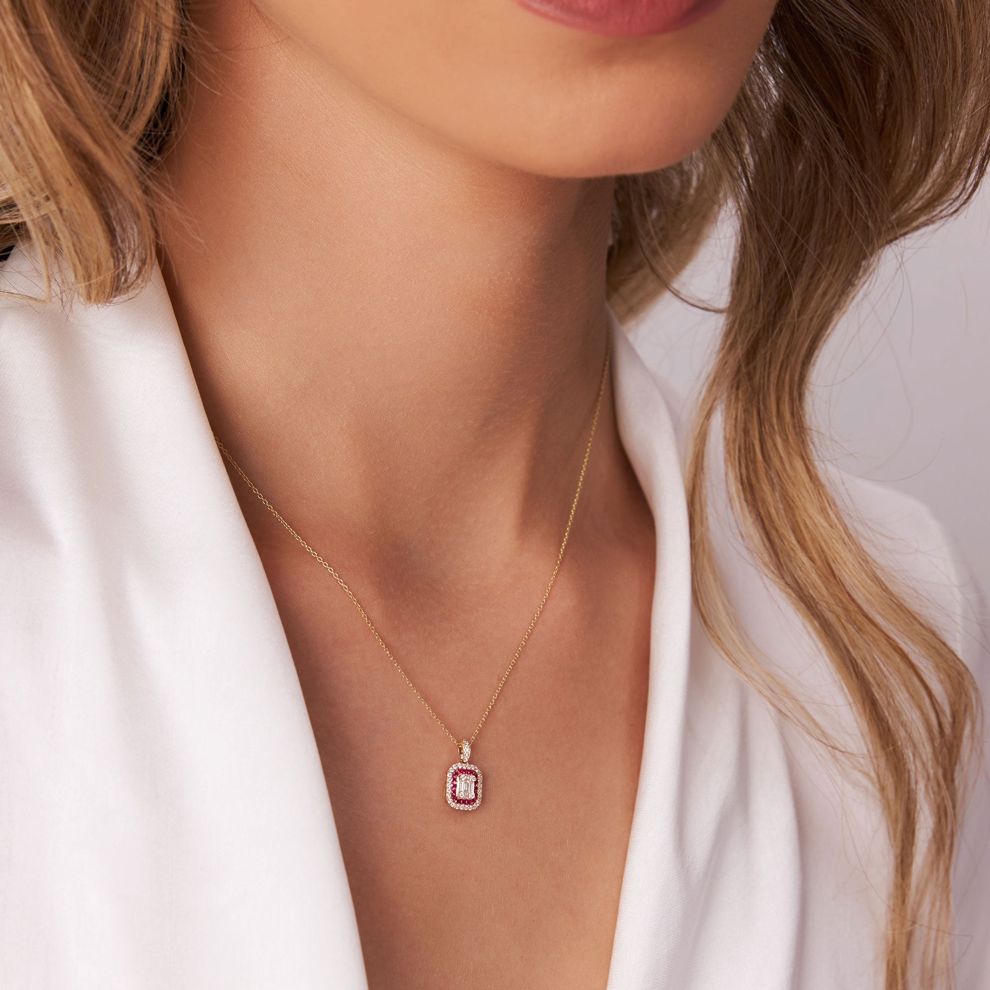 OBFJ1103 - 14k Baguette and Round Ruby Necklace with Halo Setting 3