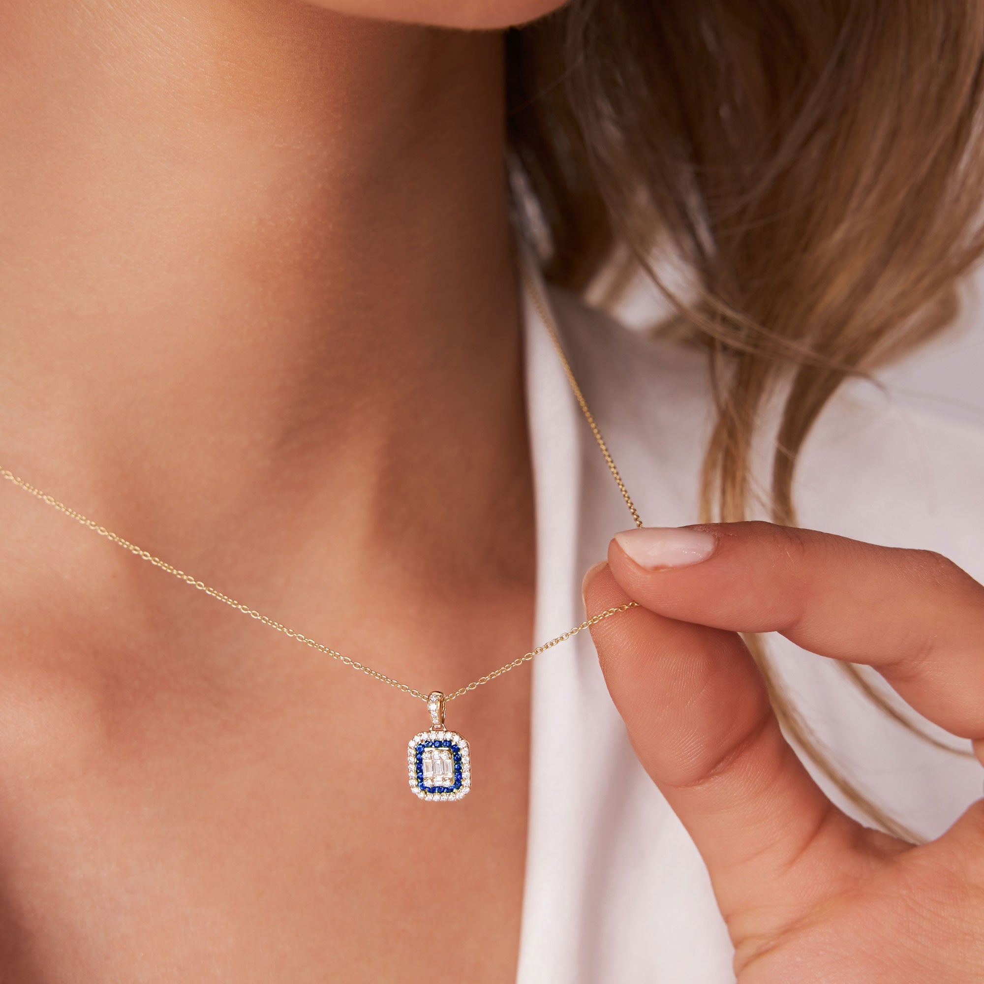 OBFJ1102 - 14k Baguette and Round Sapphire Necklace with Halo Setting 2