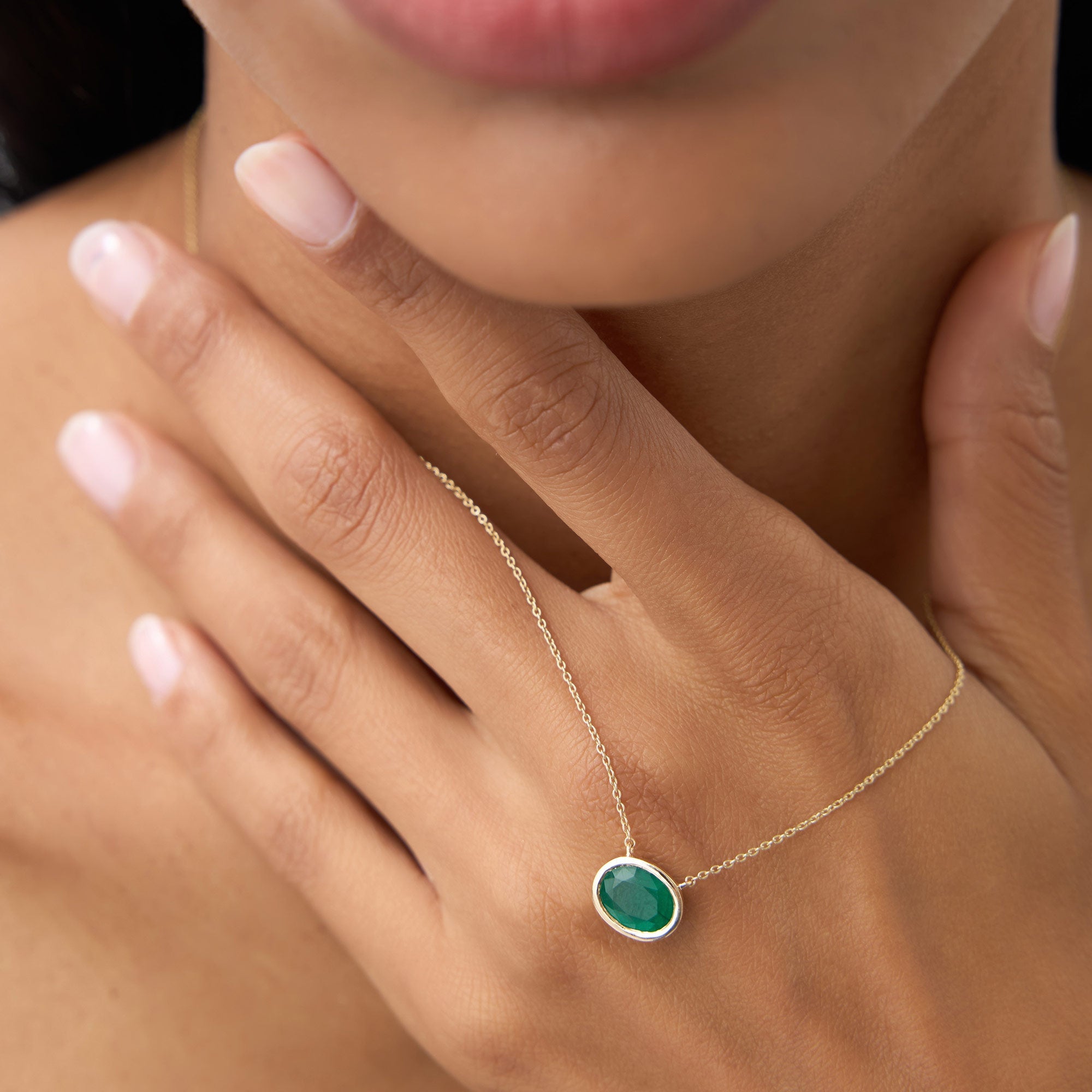 OBFJ1082 - 1.55 - 2.20 Ctw Oval Shaped Bezel Setting Emerald Necklace necklace in selectable metal and diamond options - Roselle Jewelry view 5