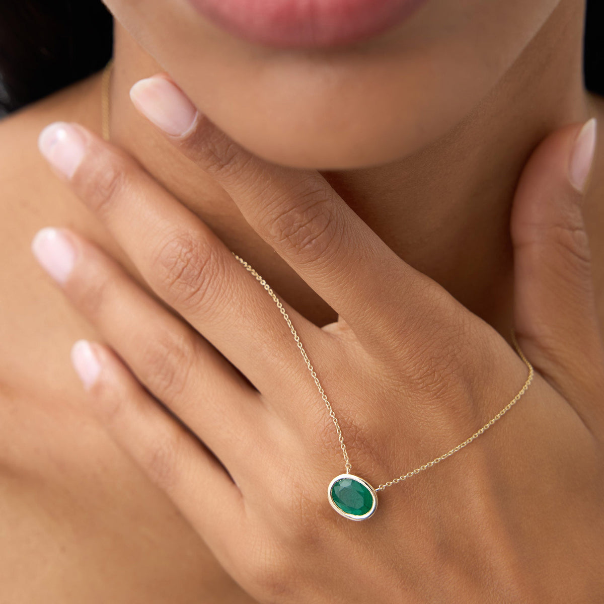 OBFJ1082 - 1.55 - 2.20 Ctw Oval Shaped Bezel Setting Emerald Necklace necklace in selectable metal and diamond options - Roselle Jewelry view 5