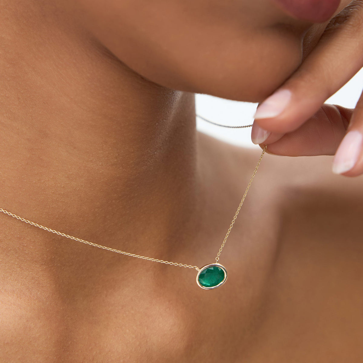 OBFJ1082 - 1.55 - 2.20 Ctw Oval Shaped Bezel Setting Emerald Necklace necklace in selectable metal and diamond options - Roselle Jewelry view 2