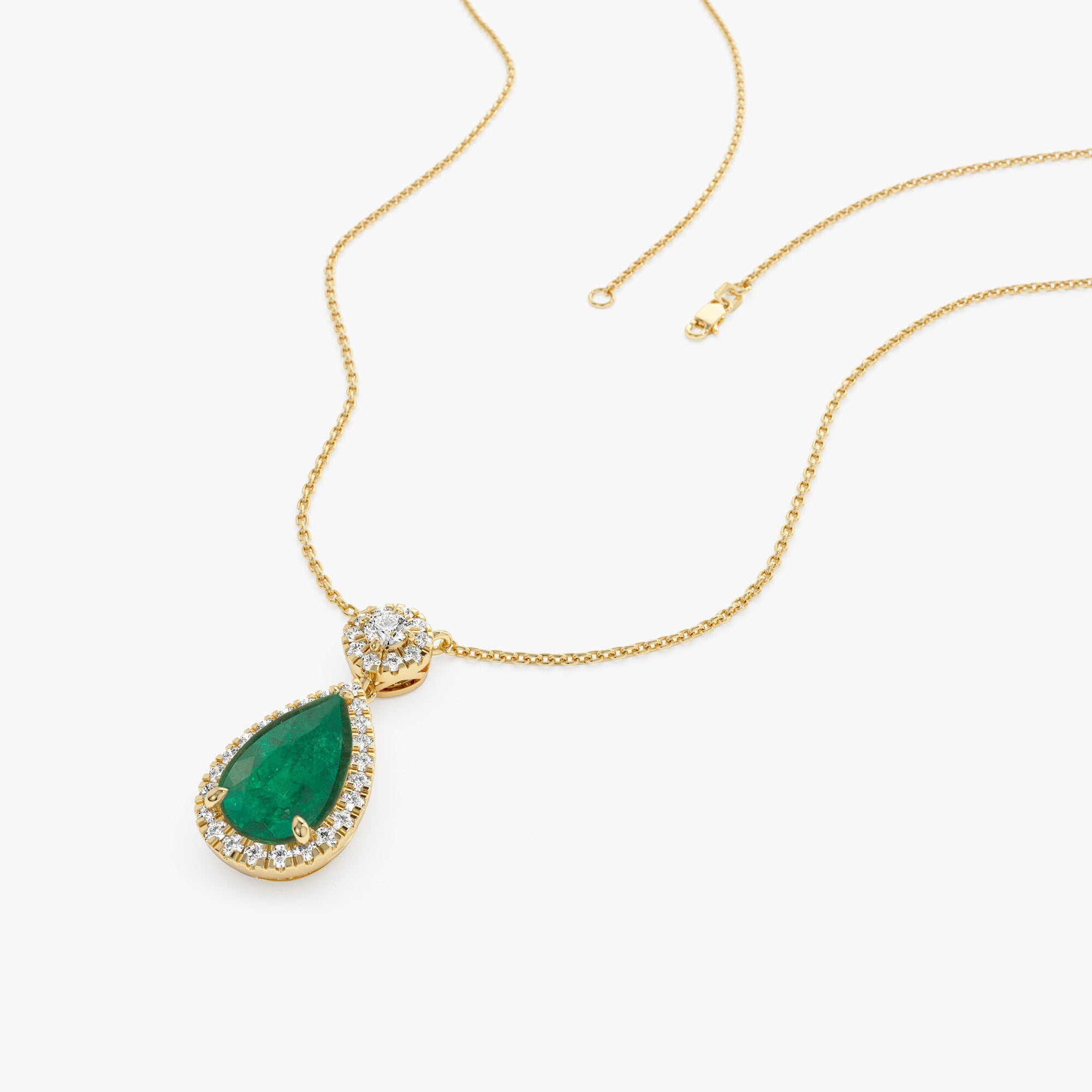 OBFJ1079 - 14k 2.00 Ctw Pear Shape Emerald and Diamond Halo Setting Necklace 7