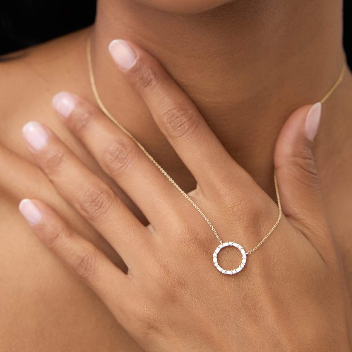 OBFJ1076 - Baguette & Round Diamond Circle Necklace necklace in selectable metal and diamond options - Roselle Jewelry view 2
