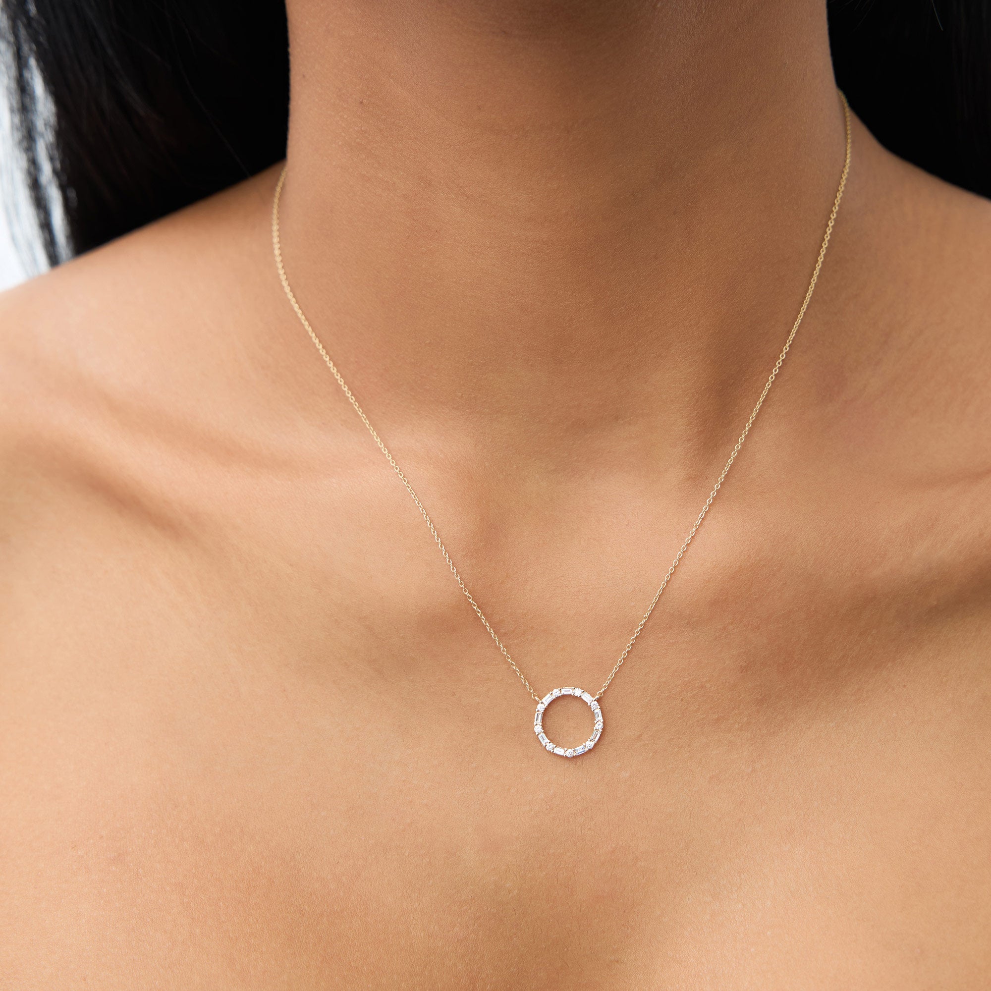 OBFJ1076 - Baguette & Round Diamond Circle Necklace necklace in selectable metal and diamond options - Roselle Jewelry view 3