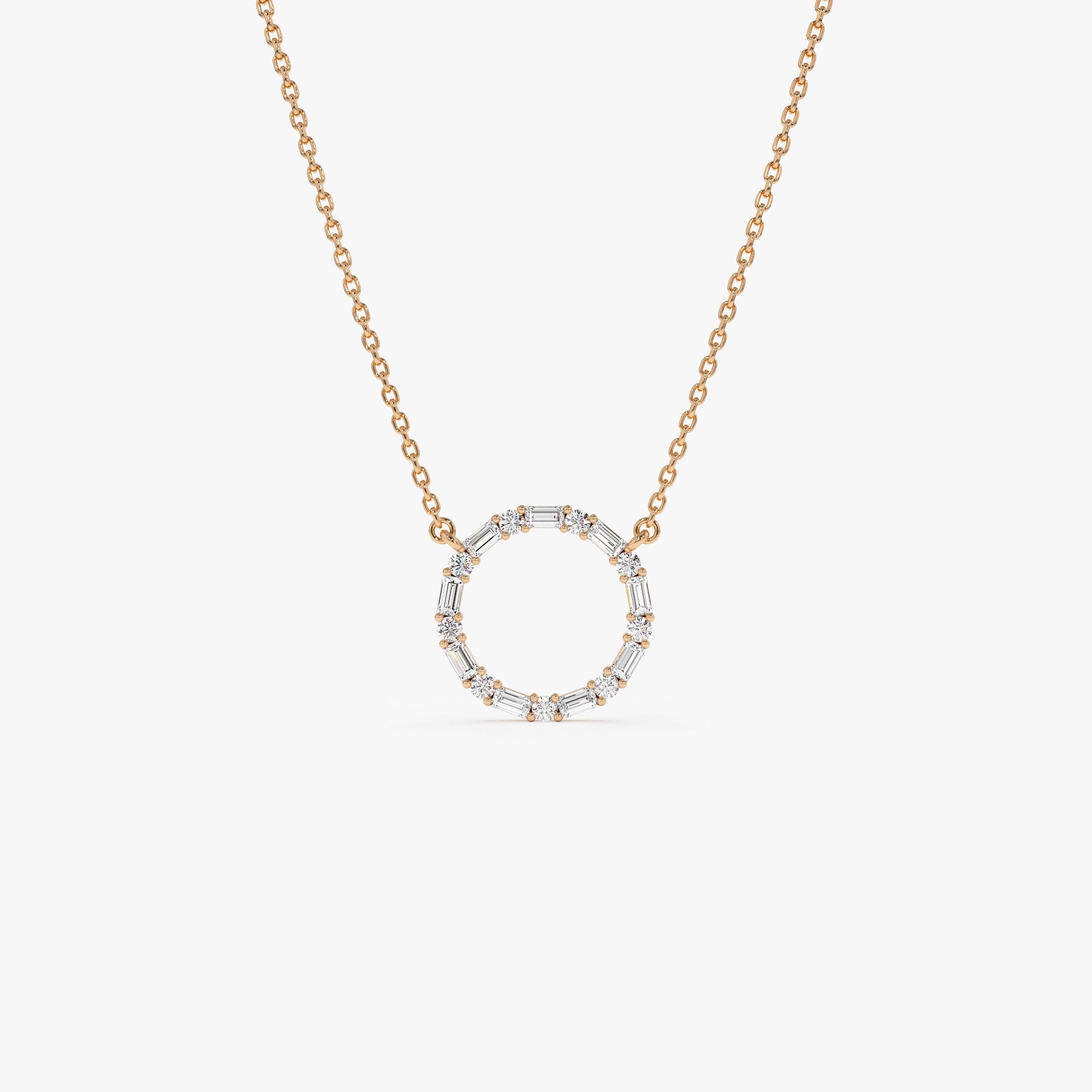 OBFJ1076 - Baguette & Round Diamond Circle Necklace necklace in selectable metal and diamond options - Roselle Jewelry view 8