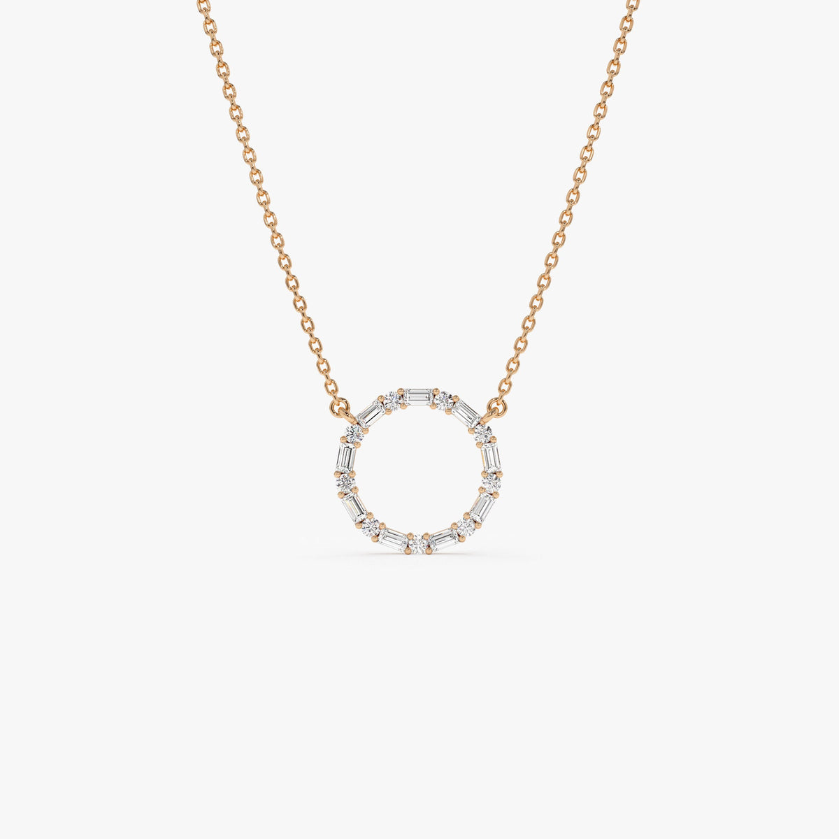 OBFJ1076 - Baguette & Round Diamond Circle Necklace necklace in selectable metal and diamond options - Roselle Jewelry view 8