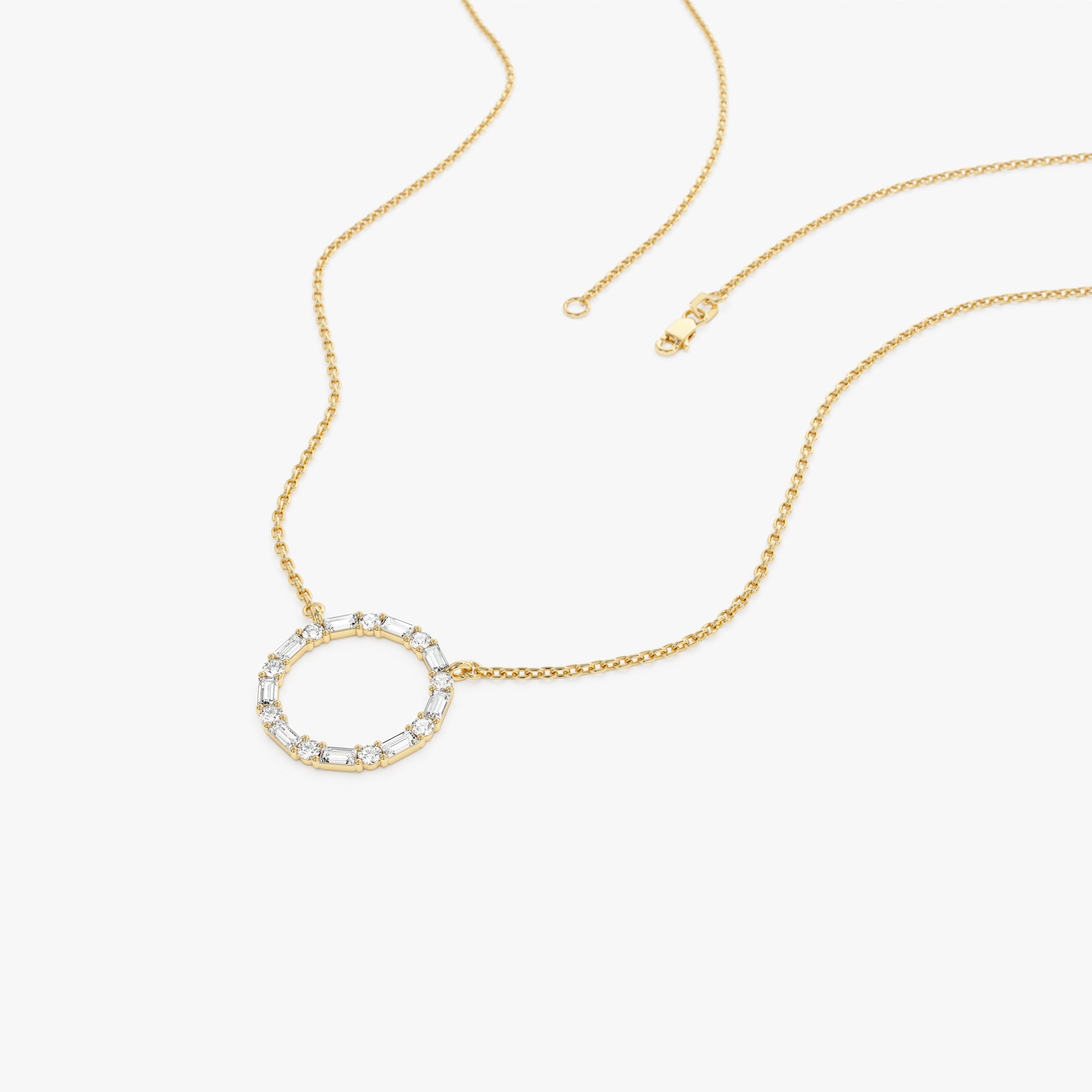 OBFJ1076 - Baguette & Round Diamond Circle Necklace necklace in selectable metal and diamond options - Roselle Jewelry view 10