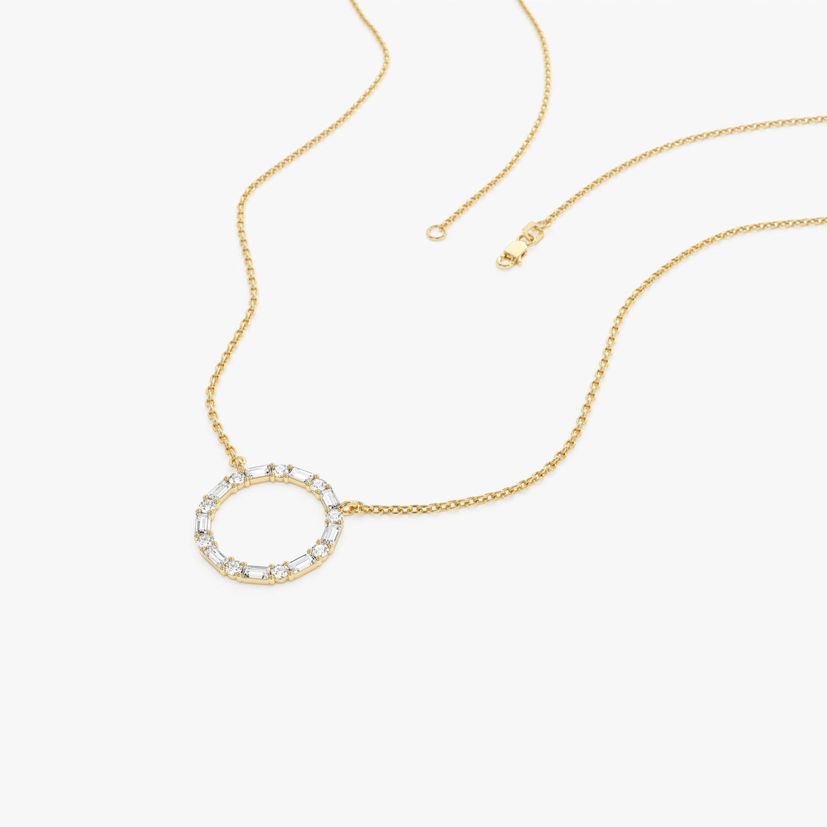 OBFJ1076 - Baguette & Round Diamond Circle Necklace necklace in selectable metal and diamond options - Roselle Jewelry view 10