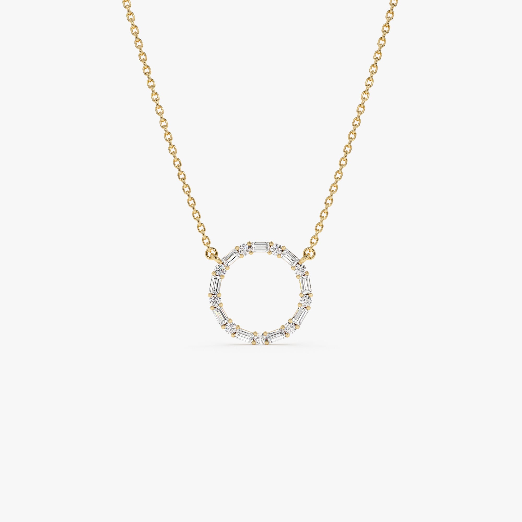 OBFJ1076 - Baguette & Round Diamond Circle Necklace necklace in selectable metal and diamond options - Roselle Jewelry view 1