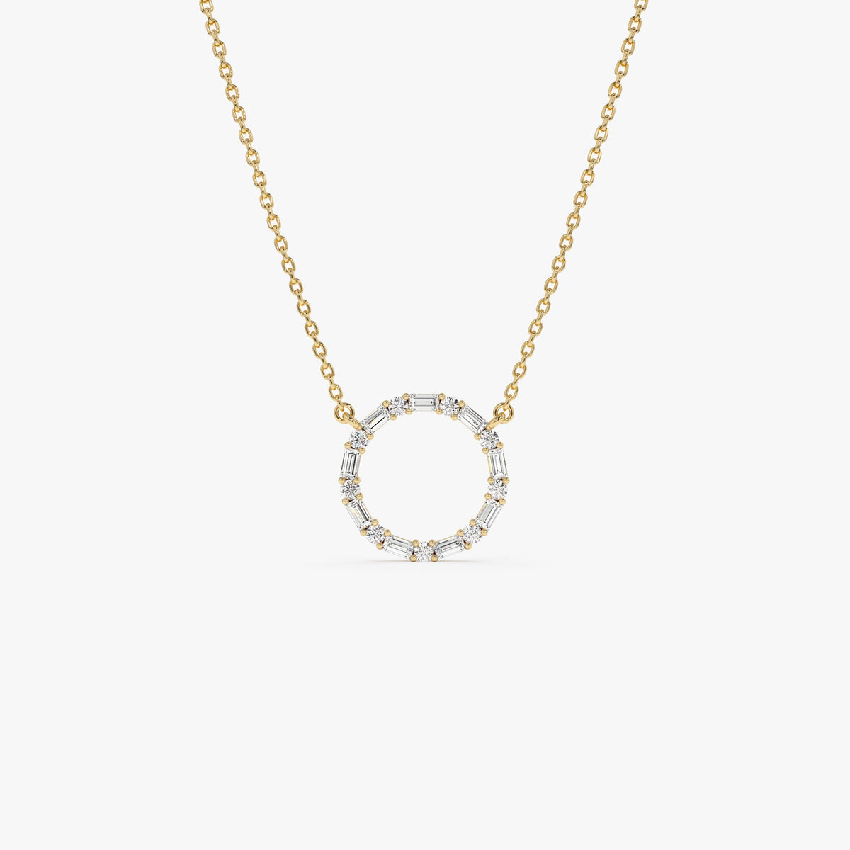 OBFJ1076 - Baguette & Round Diamond Circle Necklace necklace in selectable metal and diamond options - Roselle Jewelry view 1