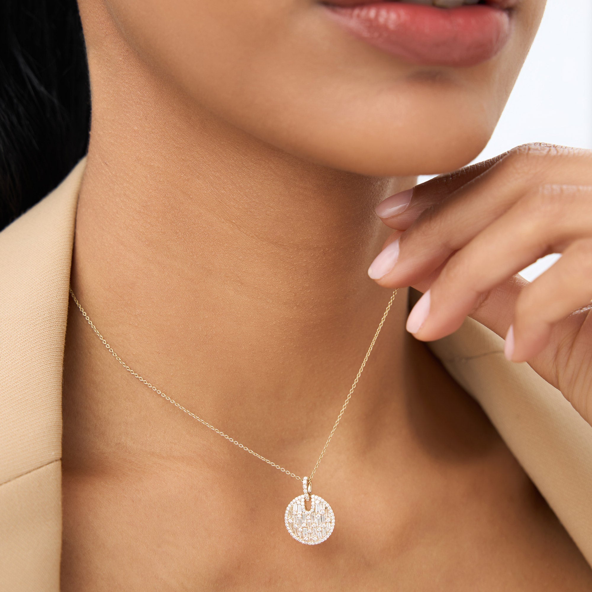 OBFJ1015 - 14k Unique Baguette and Round Diamond Disc Necklace 6