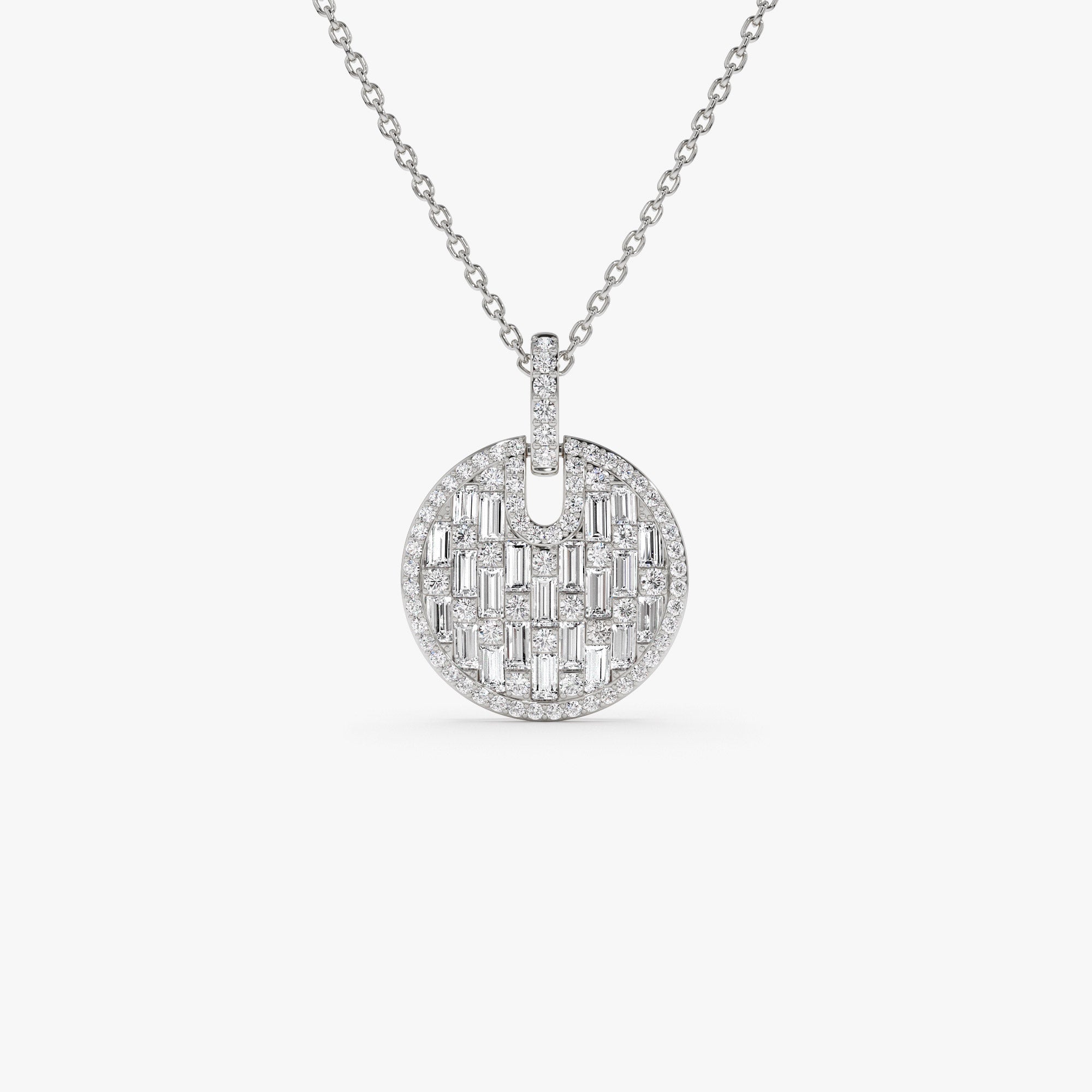 OBFJ1015 - 14k Unique Baguette and Round Diamond Disc Necklace 8