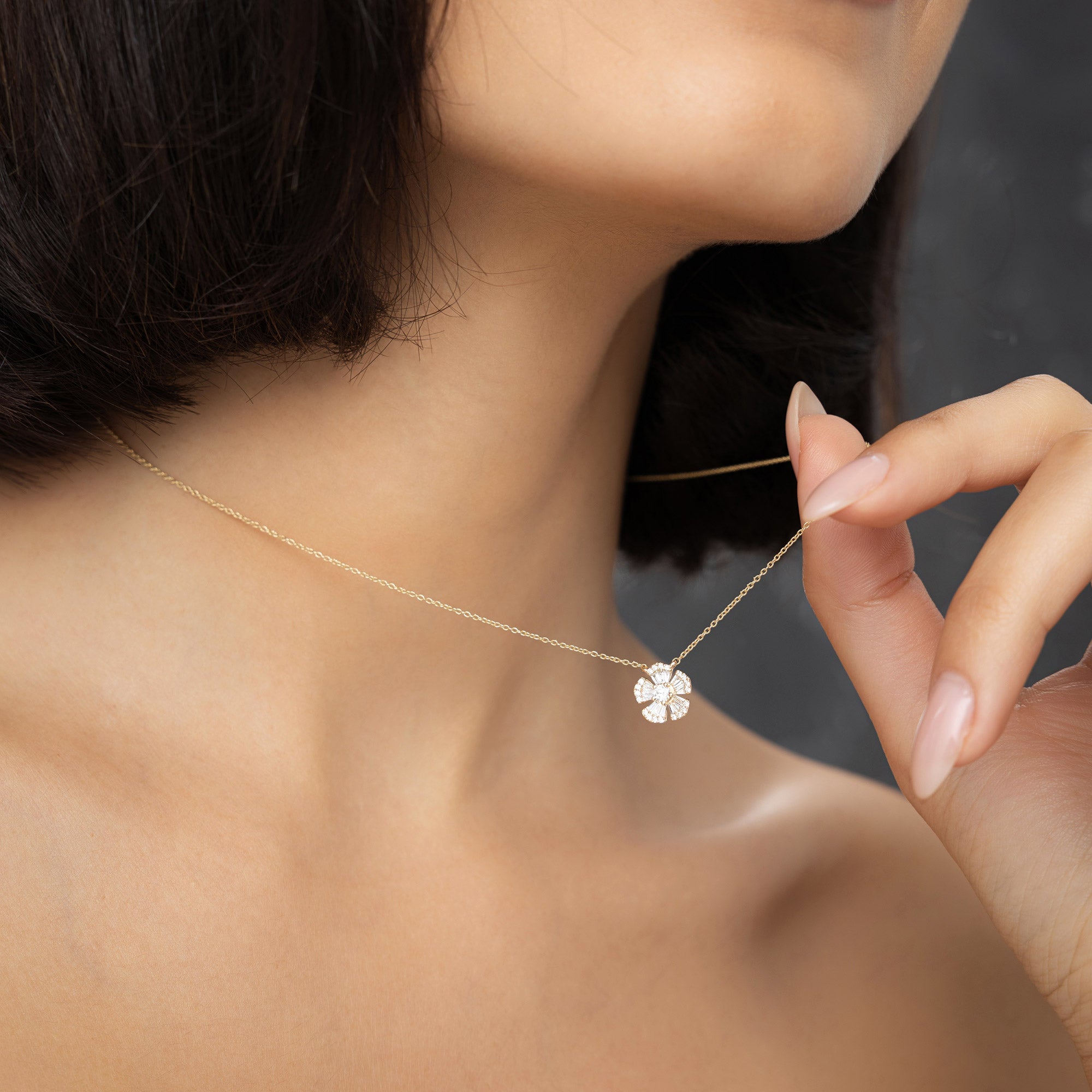 OBFJ1016 - 14k Baguette and Round Diamond Flower Necklace 2