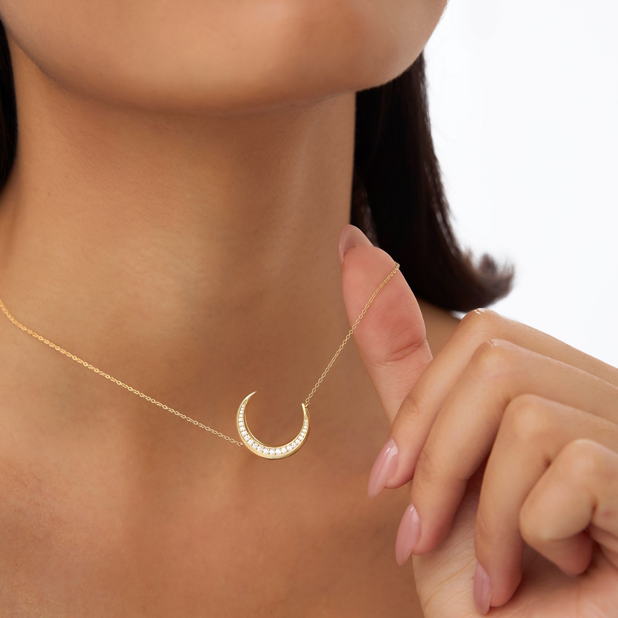 OBFJ1003 - 14k Large Diamond Crescent Moon Necklace 2