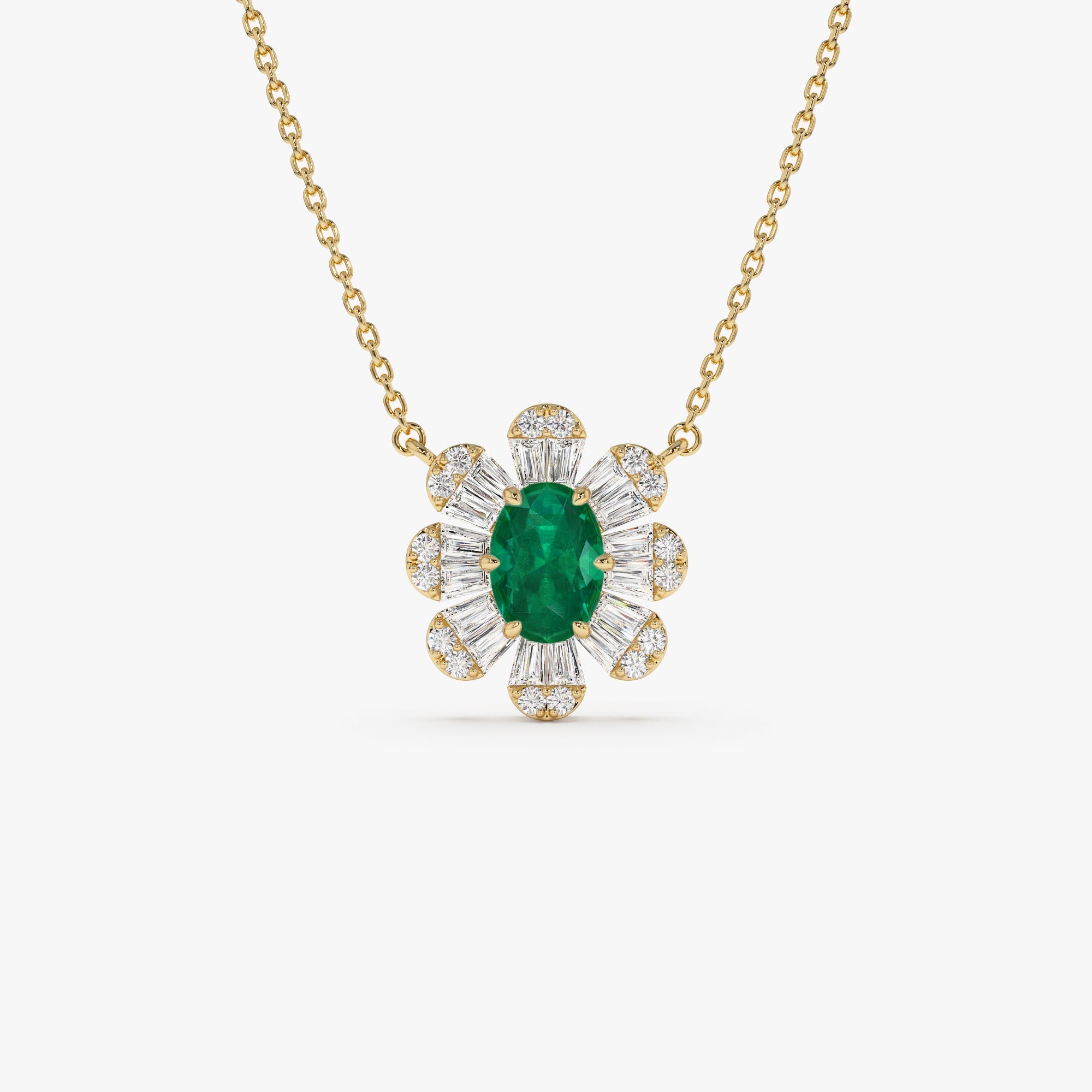 OBFJ0905 - 14k Oval Shape Emerald Necklace with Baguettes 1