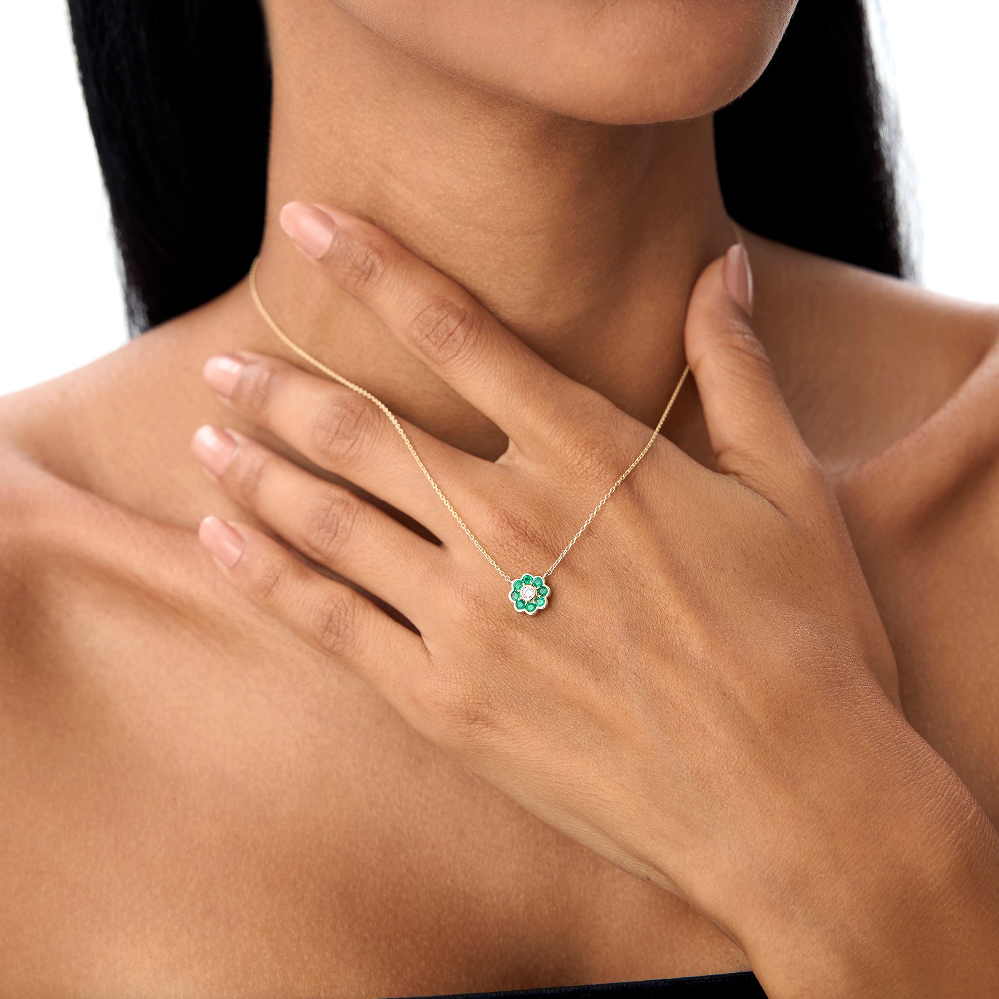 OBFJ0894 - Bezel Setting Emerald Flower Diamond Necklace necklace in selectable metal and diamond options - Roselle Jewelry view 2