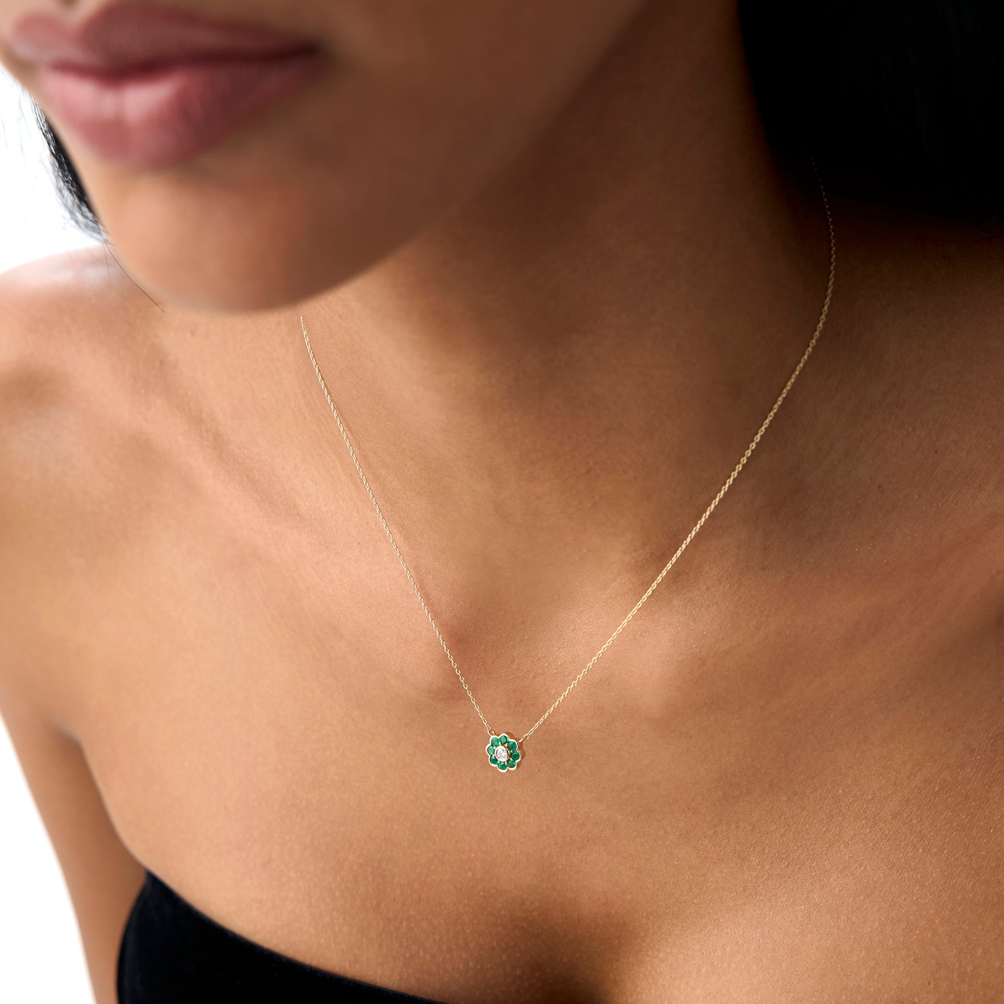 OBFJ0894 - Bezel Setting Emerald Flower Diamond Necklace necklace in selectable metal and diamond options - Roselle Jewelry view 3