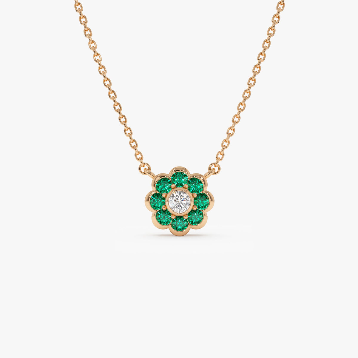 OBFJ0894 - Bezel Setting Emerald Flower Diamond Necklace necklace in selectable metal and diamond options - Roselle Jewelry view 6