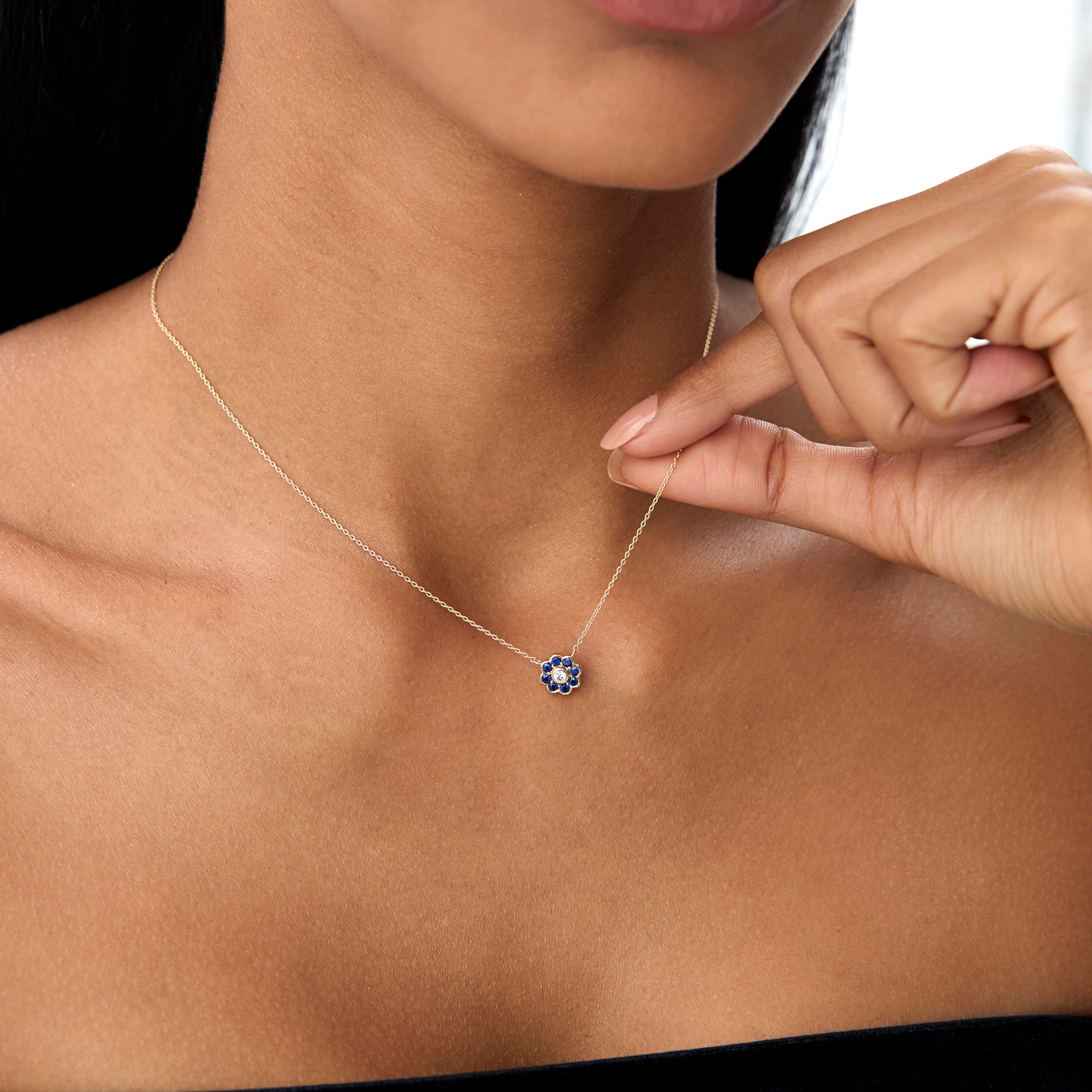 OBFJ0893 - 14K Bezel Setting Sapphire Flower Diamond Necklace 2