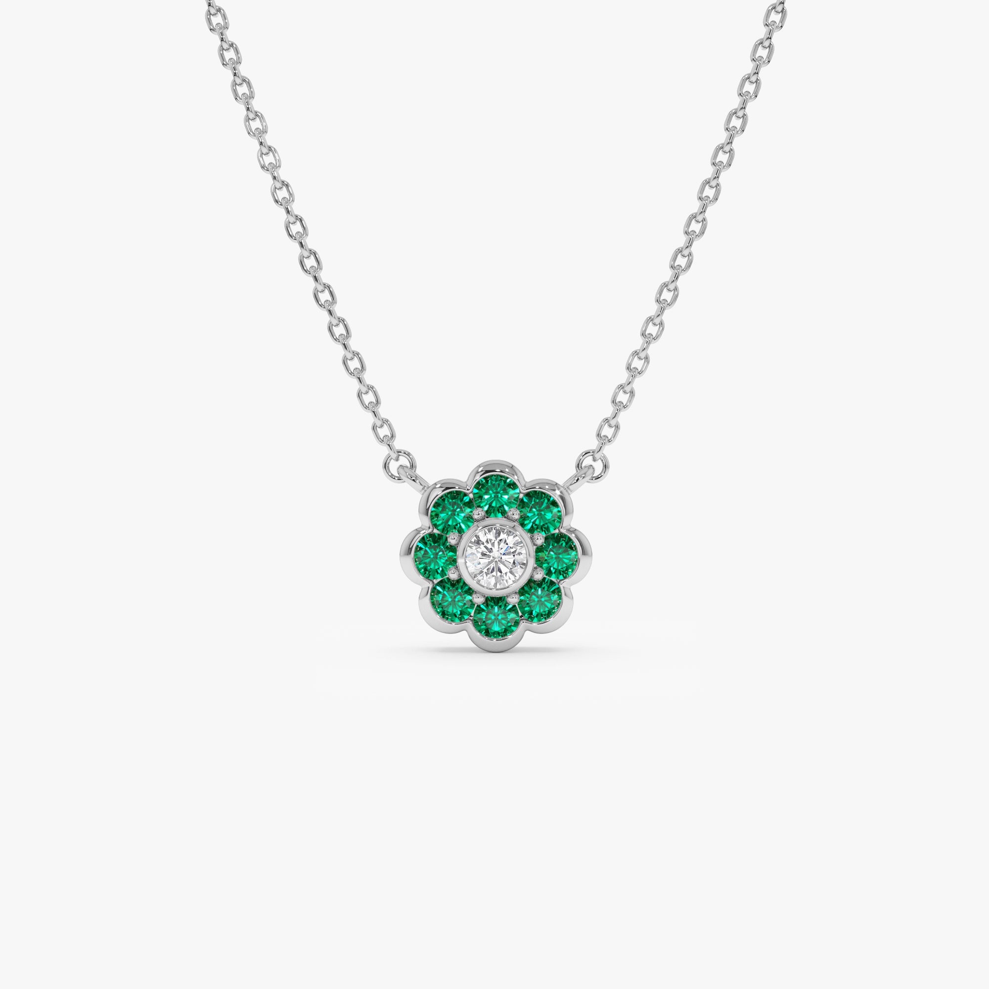 OBFJ0894 - Bezel Setting Emerald Flower Diamond Necklace necklace in selectable metal and diamond options - Roselle Jewelry view 7