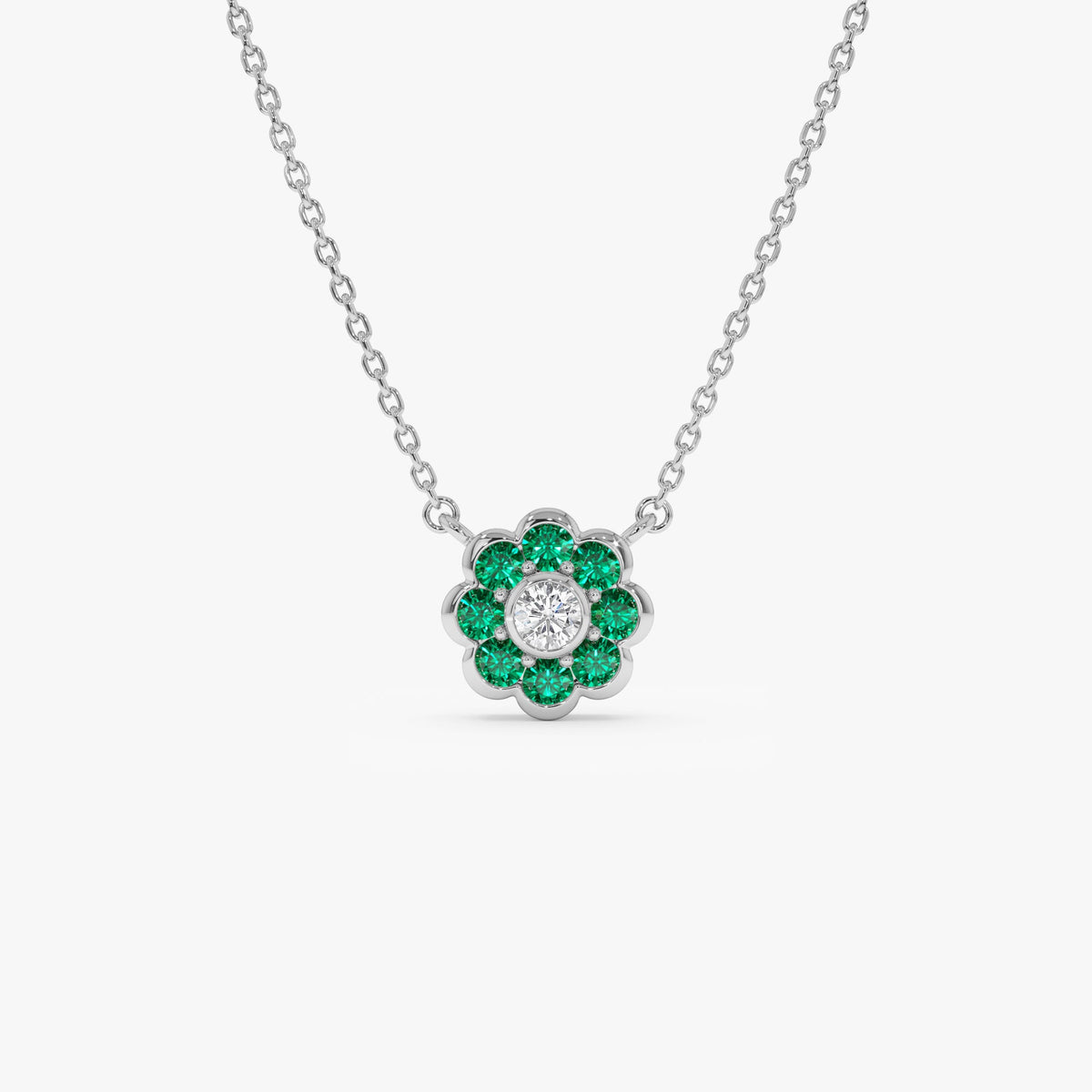 OBFJ0894 - Bezel Setting Emerald Flower Diamond Necklace necklace in selectable metal and diamond options - Roselle Jewelry view 7