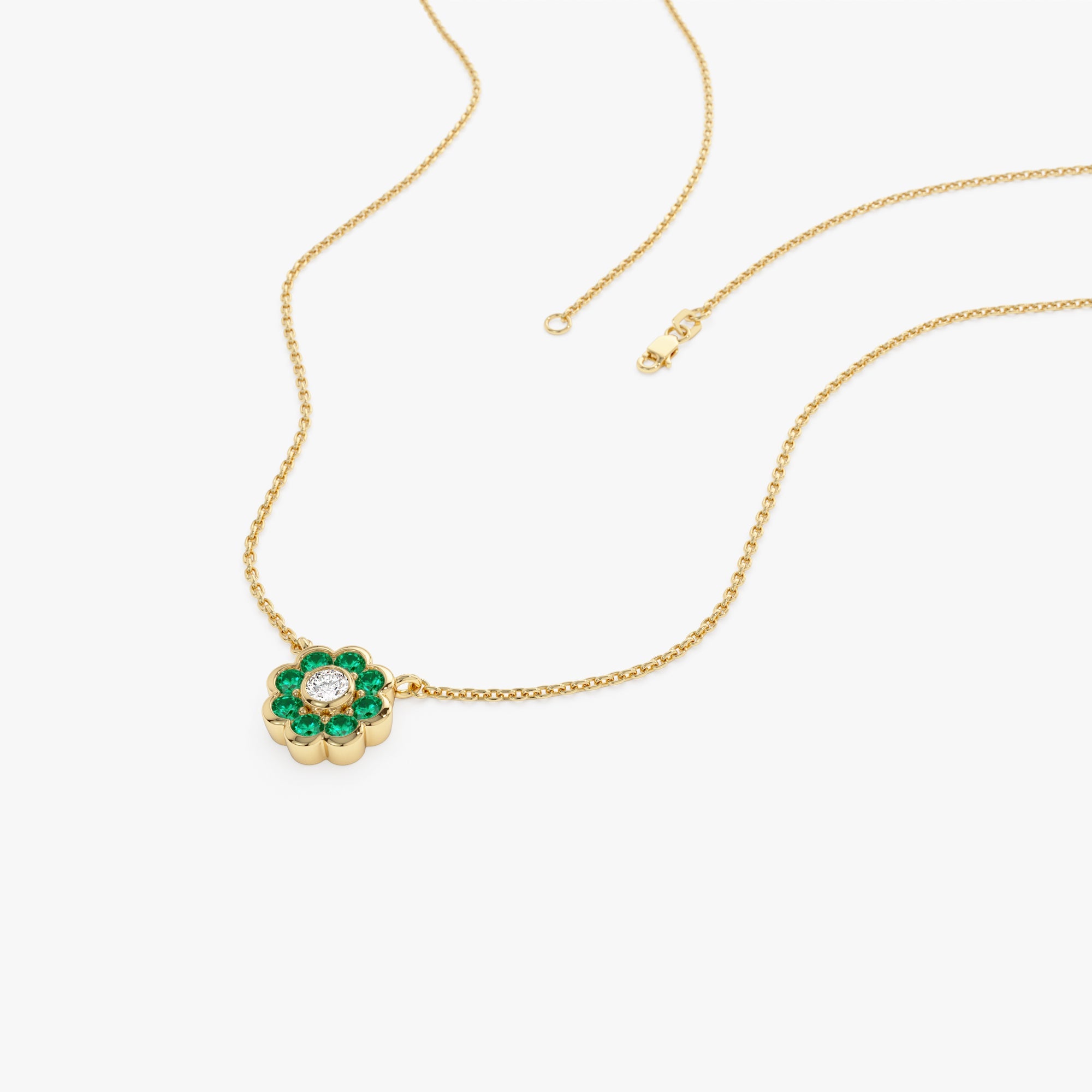 OBFJ0894 - Bezel Setting Emerald Flower Diamond Necklace necklace in selectable metal and diamond options - Roselle Jewelry view 8