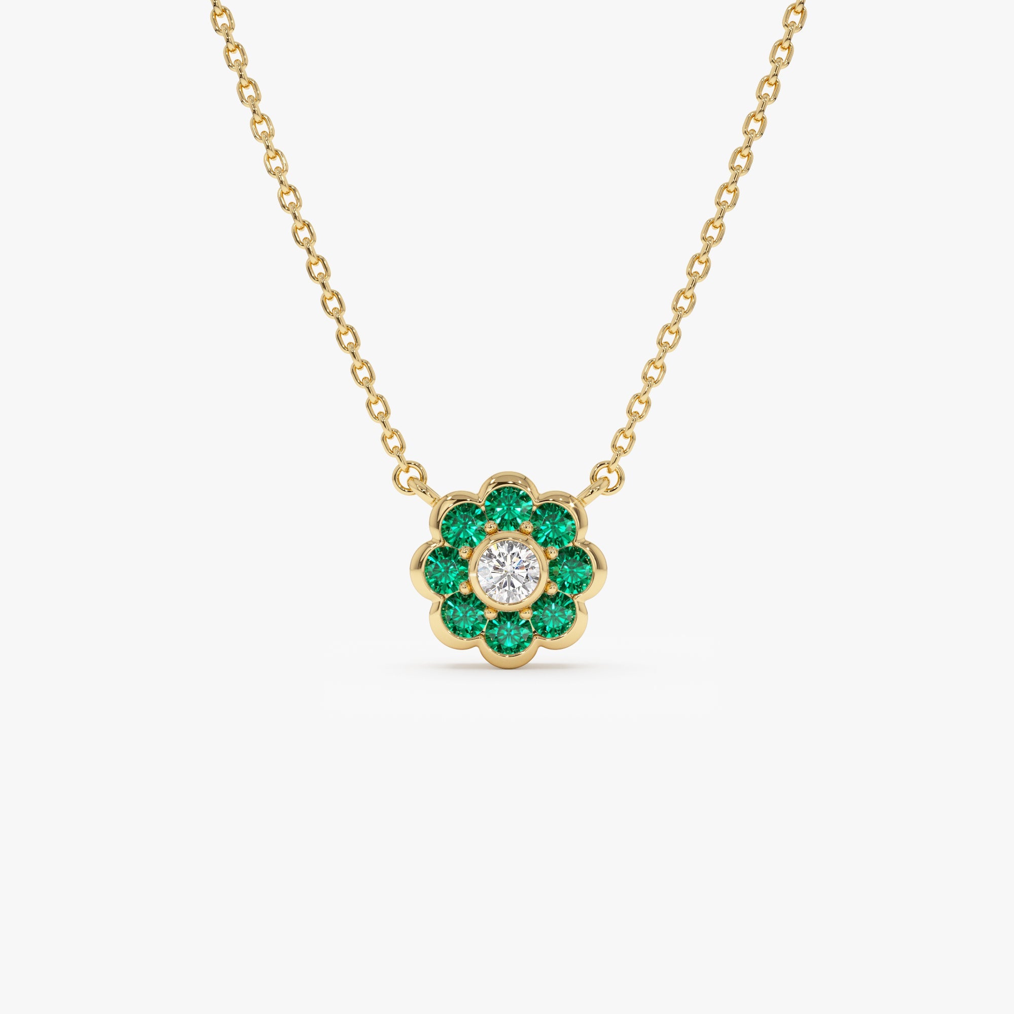 OBFJ0894 - Bezel Setting Emerald Flower Diamond Necklace necklace in selectable metal and diamond options - Roselle Jewelry view 1