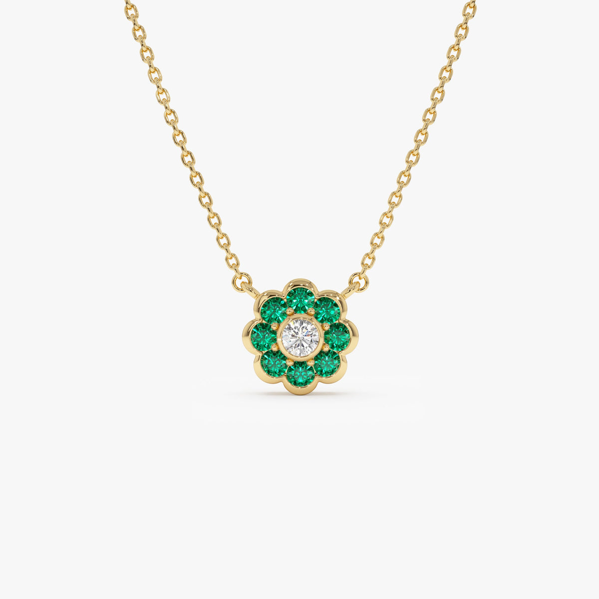 OBFJ0894 - Bezel Setting Emerald Flower Diamond Necklace necklace in selectable metal and diamond options - Roselle Jewelry view 1