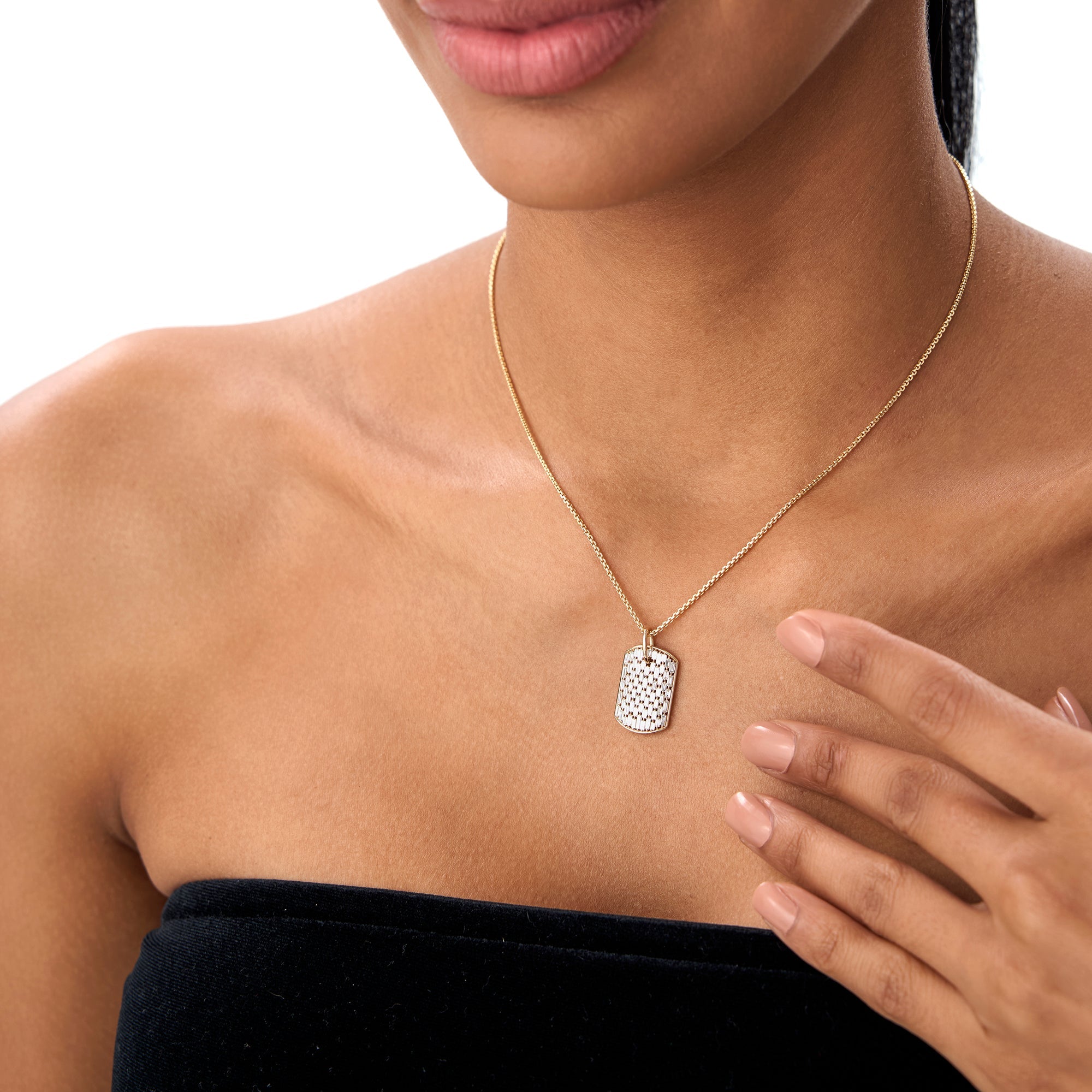 OBFJ0867 - Baguette Diamond Dog Tag Pendant necklace in selectable metal and diamond options - Roselle Jewelry view 5