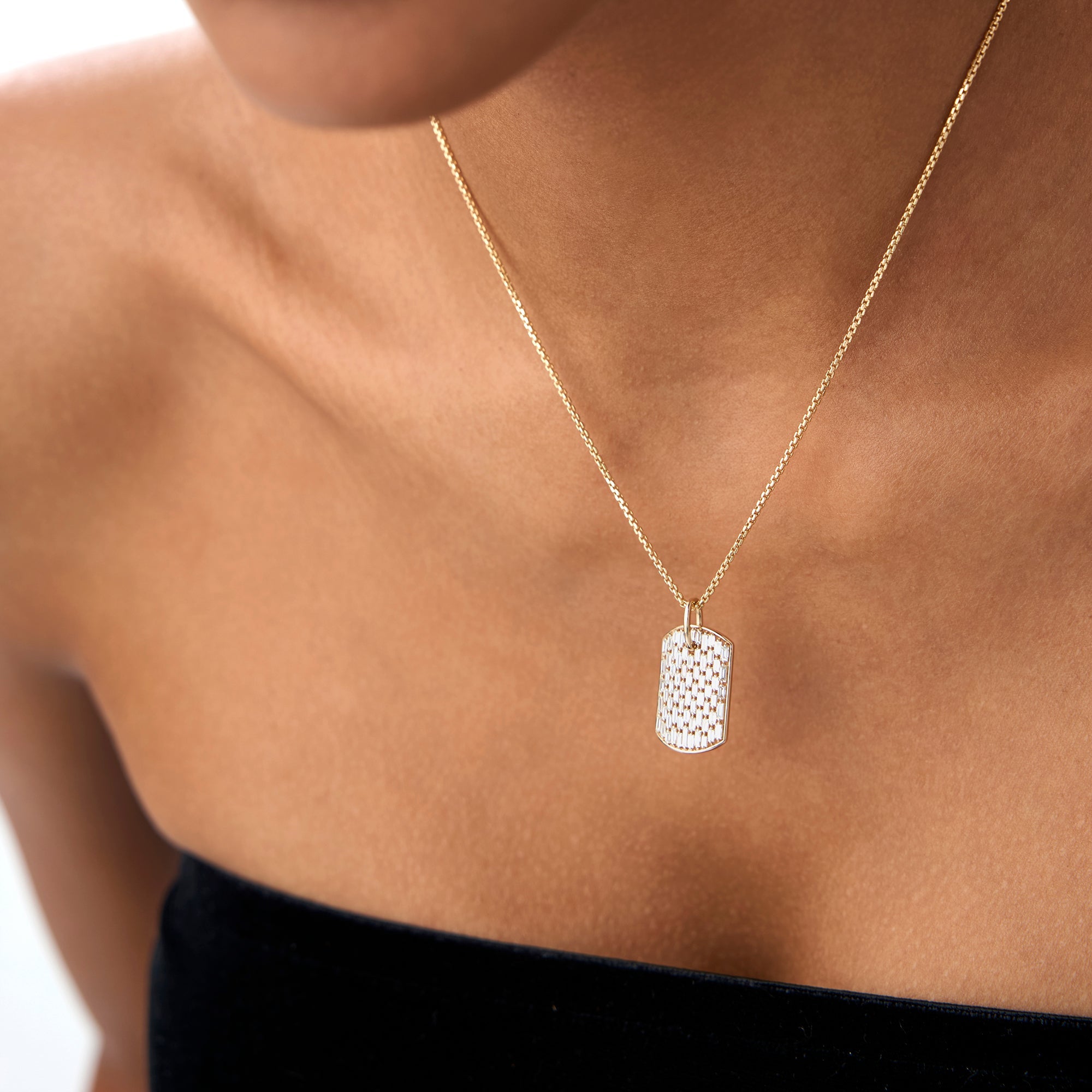 OBFJ0867 - Baguette Diamond Dog Tag Pendant necklace in selectable metal and diamond options - Roselle Jewelry view 2
