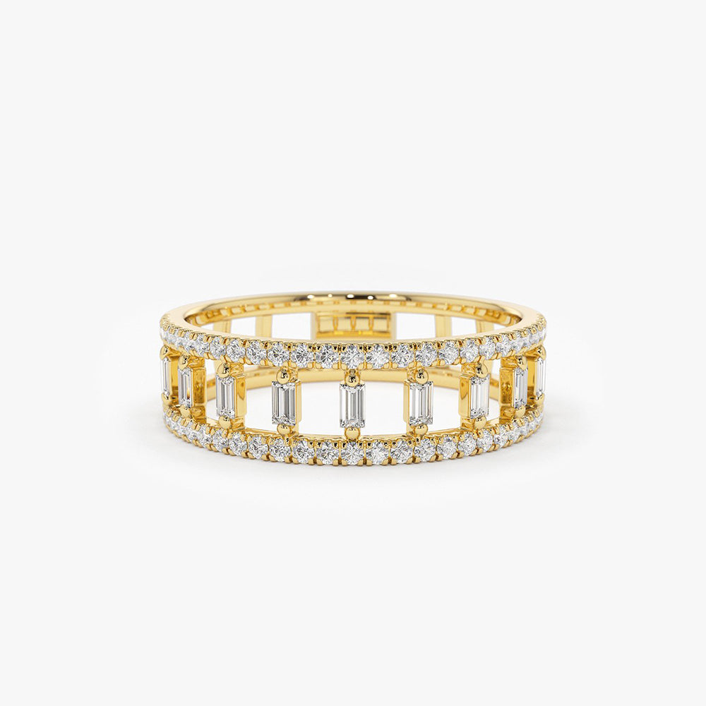 OBFJ1795 - 14k Double Row Micro Pave Diamond Ring with Baguette Diamond 1