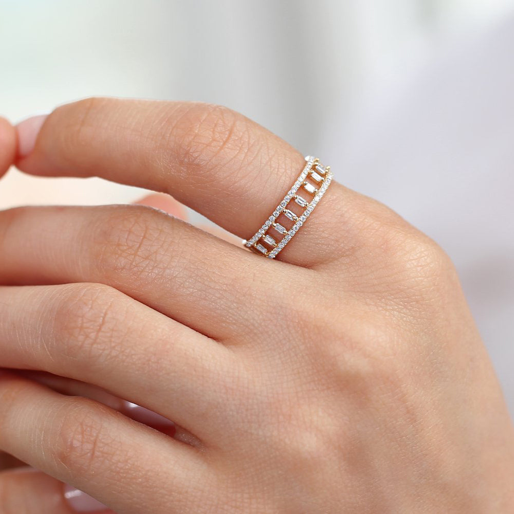 OBFJ1795 - 14k Double Row Micro Pave Diamond Ring with Baguette Diamond 3
