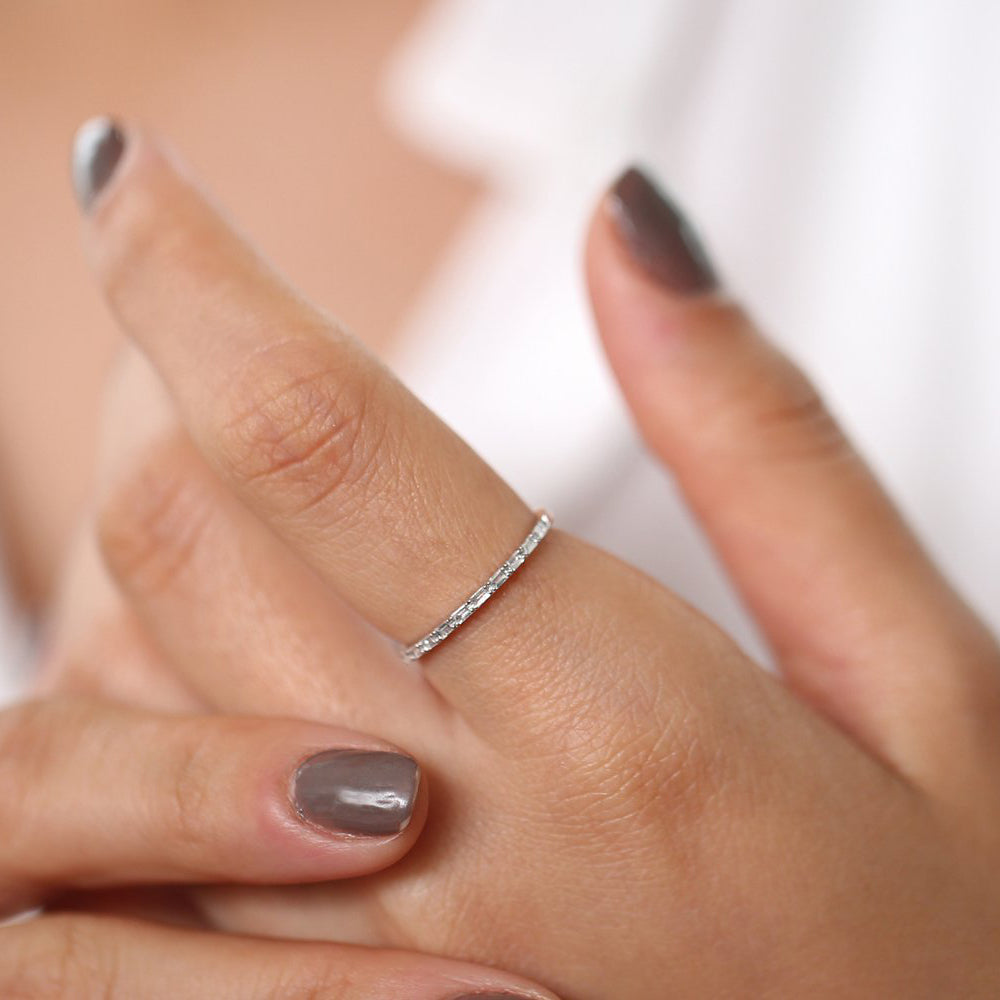 OBFJ0234 - 14K Rose Ultra Thin Half Eternity Baguette Diamond Stackable Ring 2