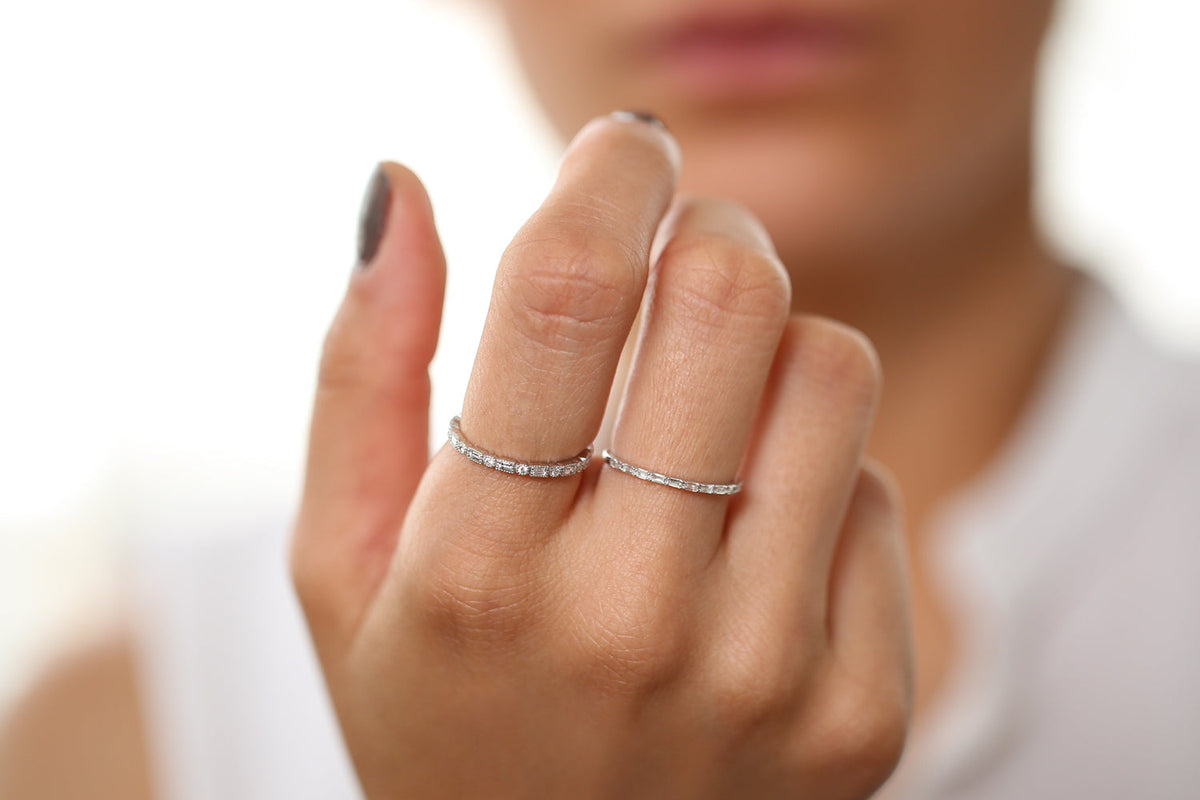 OBFJ1898 - Baguette & Round Diamond Milgrain Bezel Full Eternity Ring ring in selectable metal and diamond options - Roselle Jewelry view 11