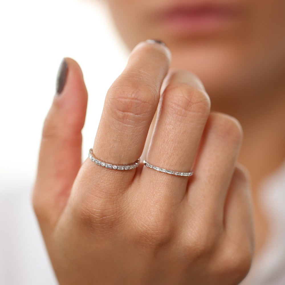 OBFJ1898 - Baguette & Round Diamond Milgrain Bezel Full Eternity Ring ring in selectable metal and diamond options - Roselle Jewelry view 4