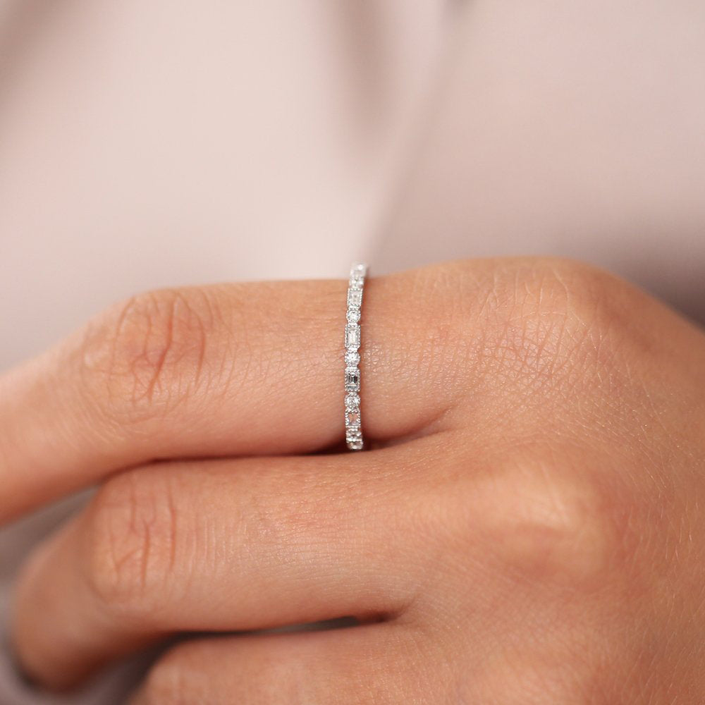 OBFJ1898 - Baguette & Round Diamond Milgrain Bezel Full Eternity Ring ring in selectable metal and diamond options - Roselle Jewelry view 2