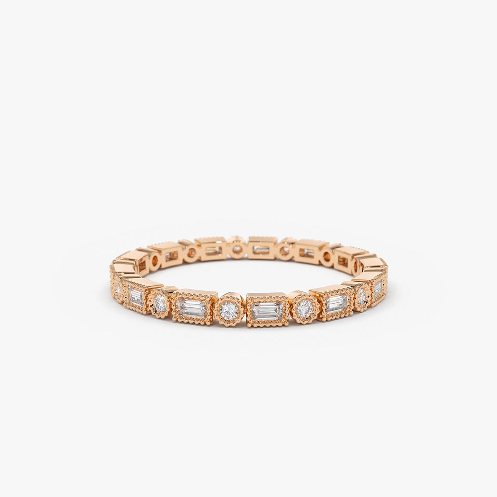 OBFJ1898 - Baguette & Round Diamond Milgrain Bezel Full Eternity Ring ring in selectable metal and diamond options - Roselle Jewelry view 6