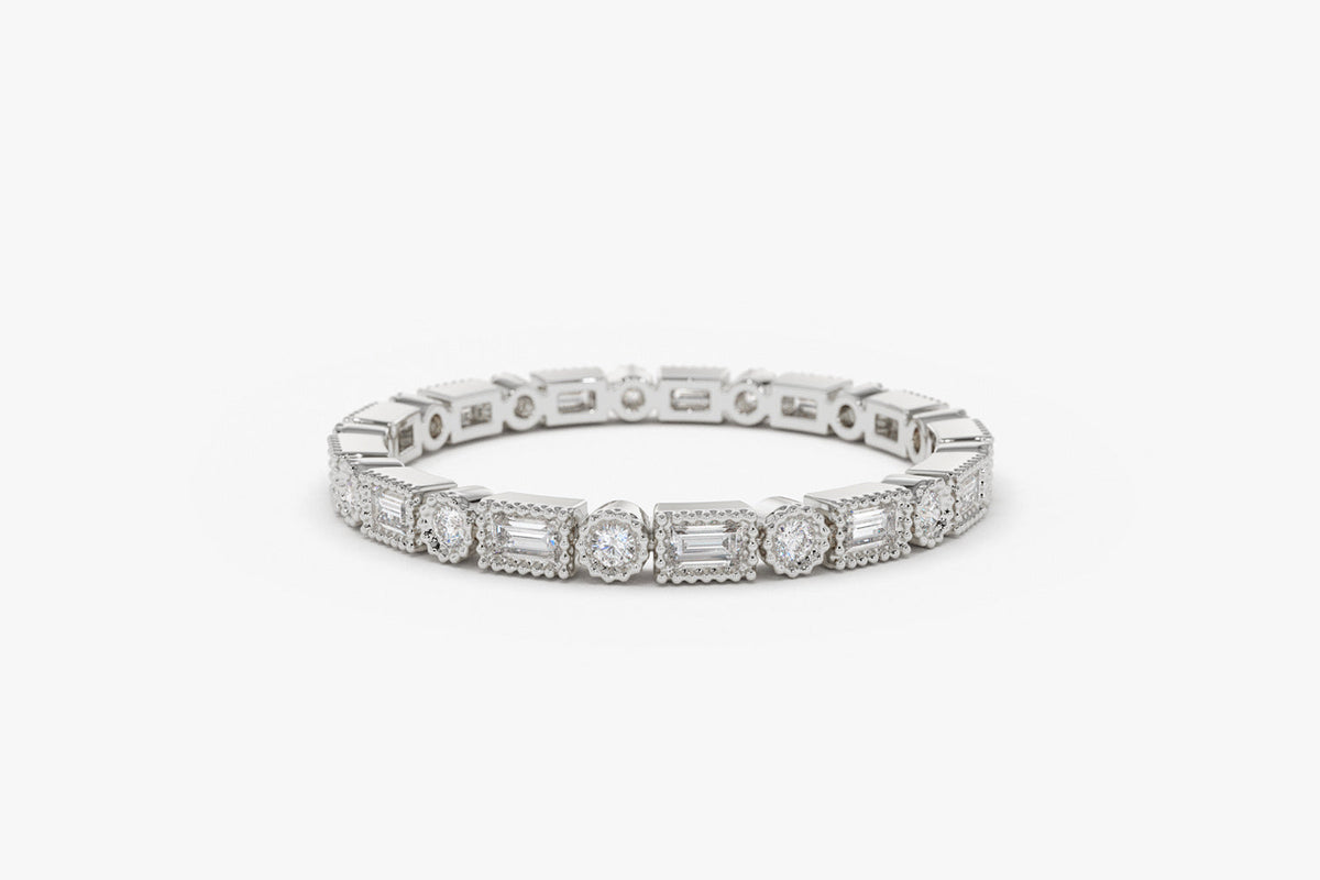 OBFJ1898 - Baguette & Round Diamond Milgrain Bezel Full Eternity Ring ring in selectable metal and diamond options - Roselle Jewelry view 12