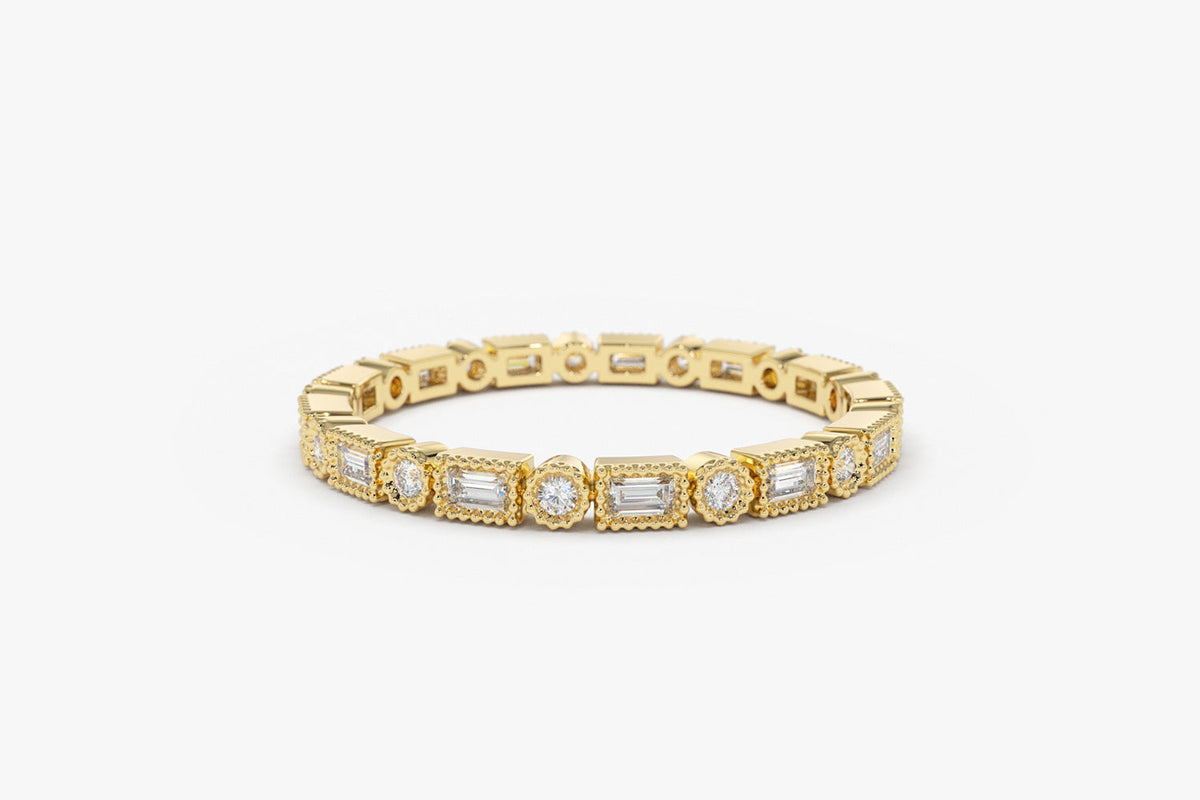 OBFJ1898 - Baguette & Round Diamond Milgrain Bezel Full Eternity Ring ring in selectable metal and diamond options - Roselle Jewelry view 8