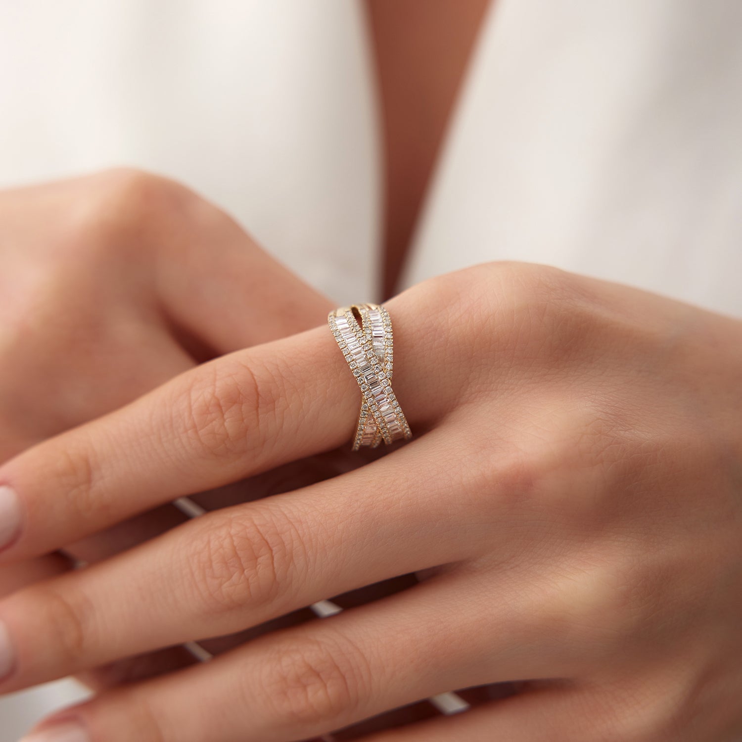 OBFJ1964 - 14k Baguette Diamond Crossover Ring 2