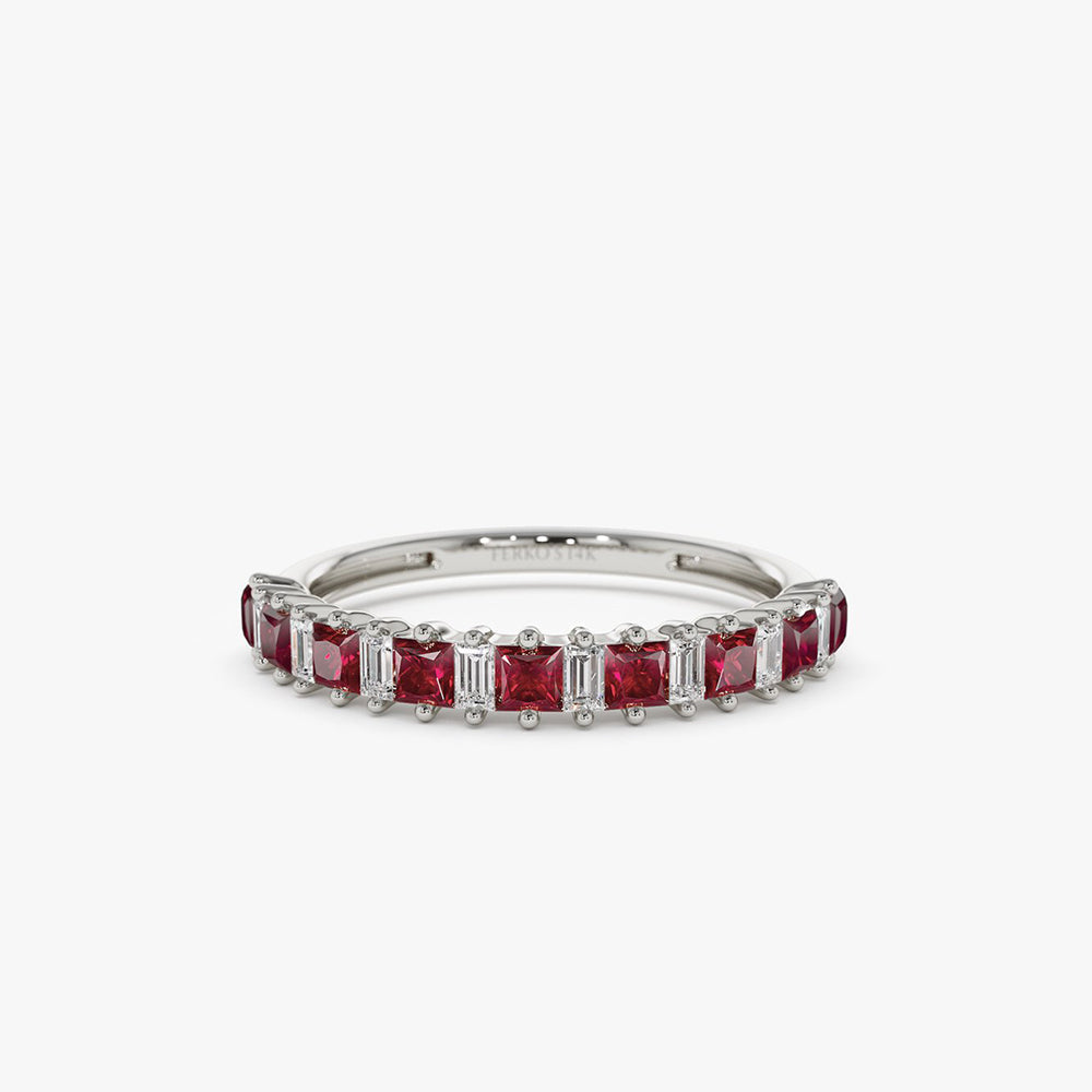 OBFJ2003 - 14k Unique Princess Cut Ruby and Baguette Diamond Ring 7