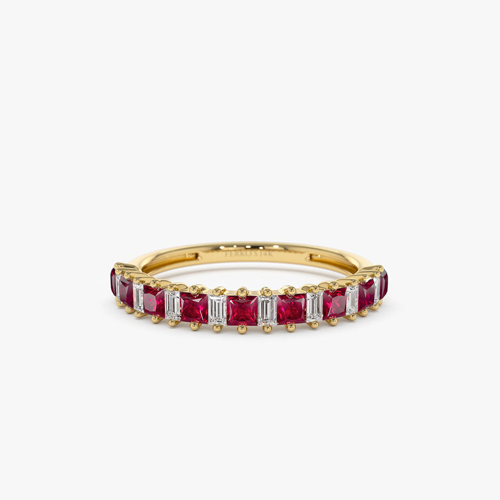 OBFJ2003 - 14k Unique Princess Cut Ruby and Baguette Diamond Ring 1