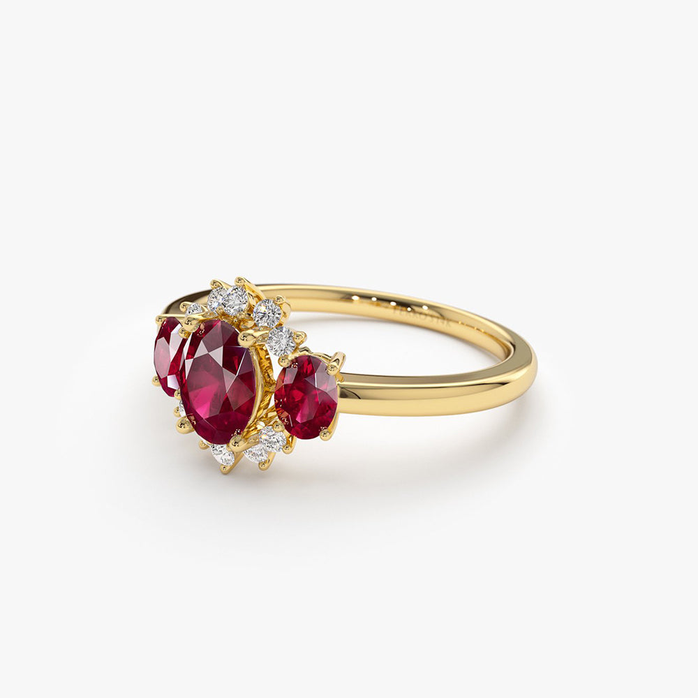 OBFJ1998 - 14k Three Stone Ruby Cluster Ring 5