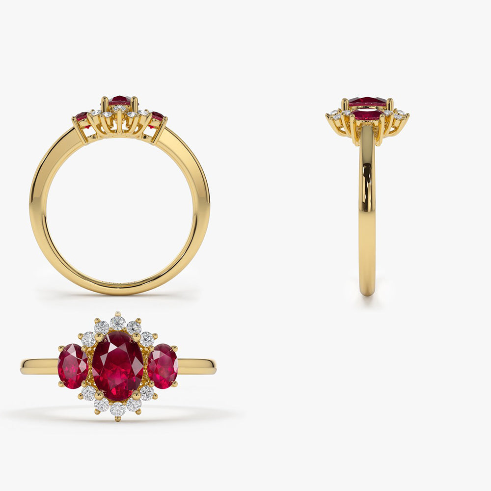 OBFJ1998 - 14k Three Stone Ruby Cluster Ring 6