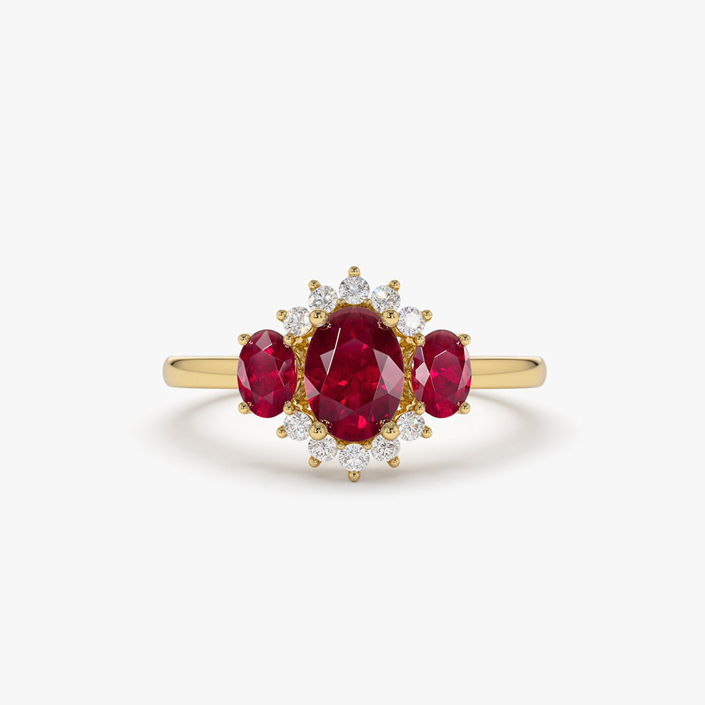 OBFJ1998 - 14k Three Stone Ruby Cluster Ring 1