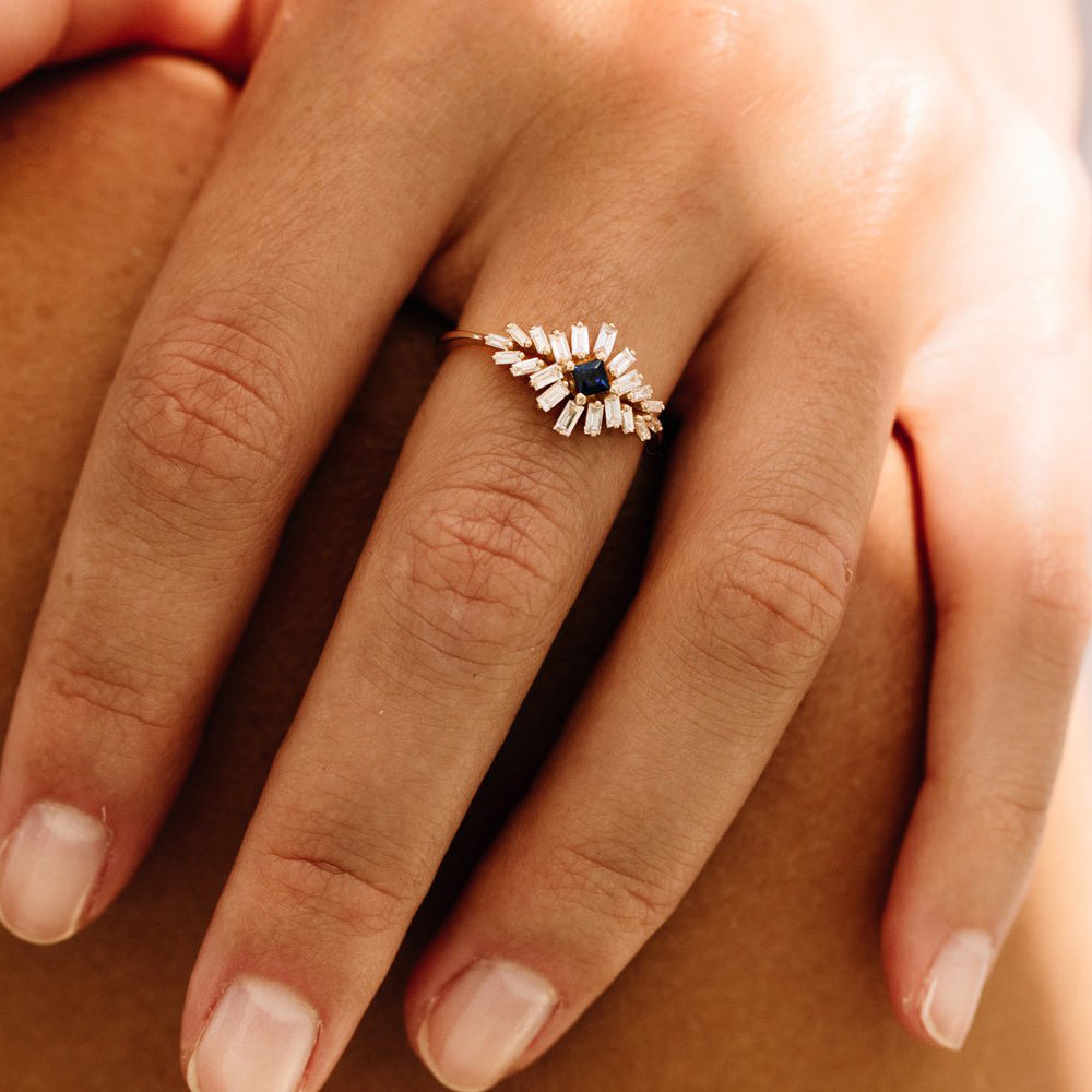 OBFJ2001 - 14K Baguette Diamond Ring with Square Sapphire 3