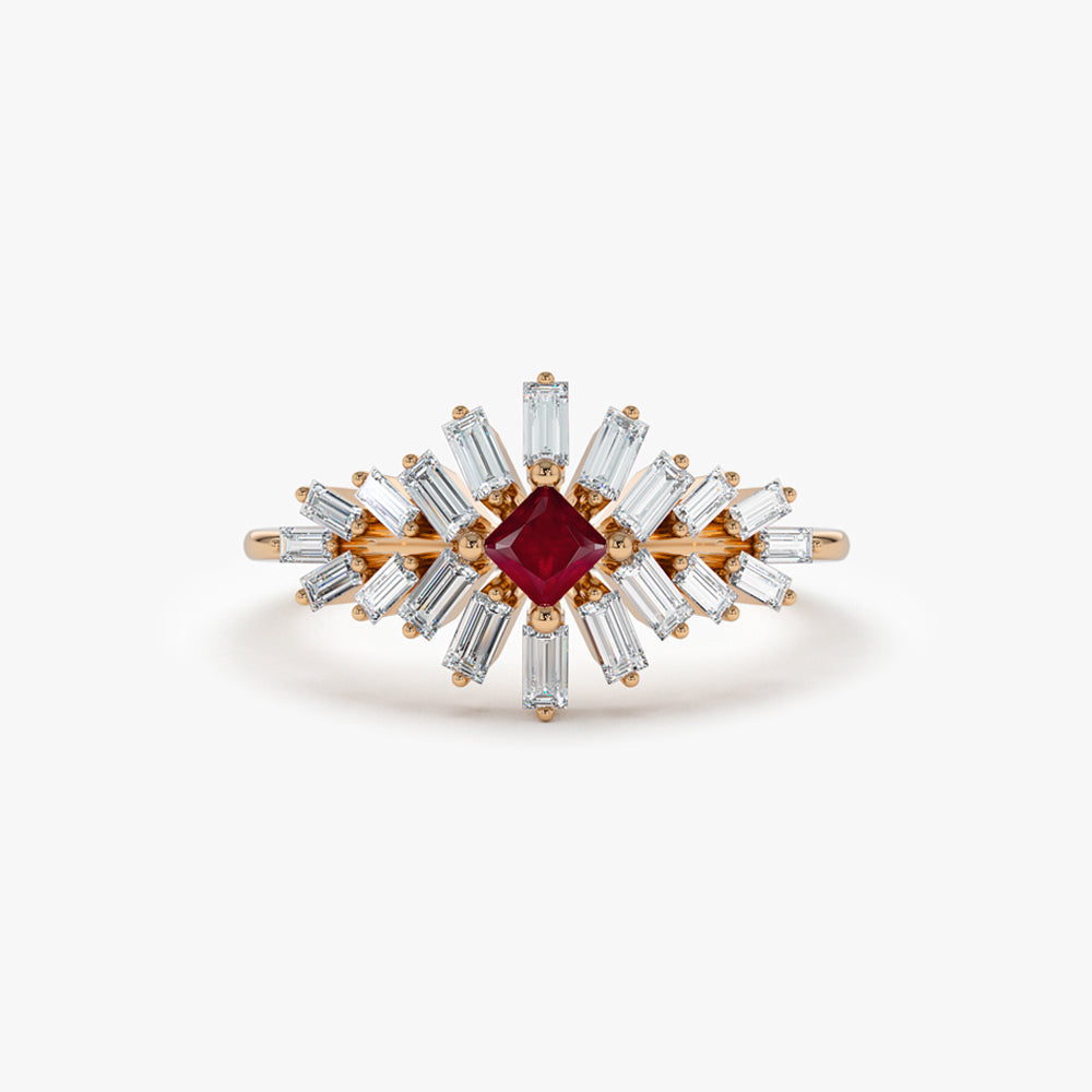 OBFJ1469 - 14K Baguette Diamond Ring with a Square Ruby 5