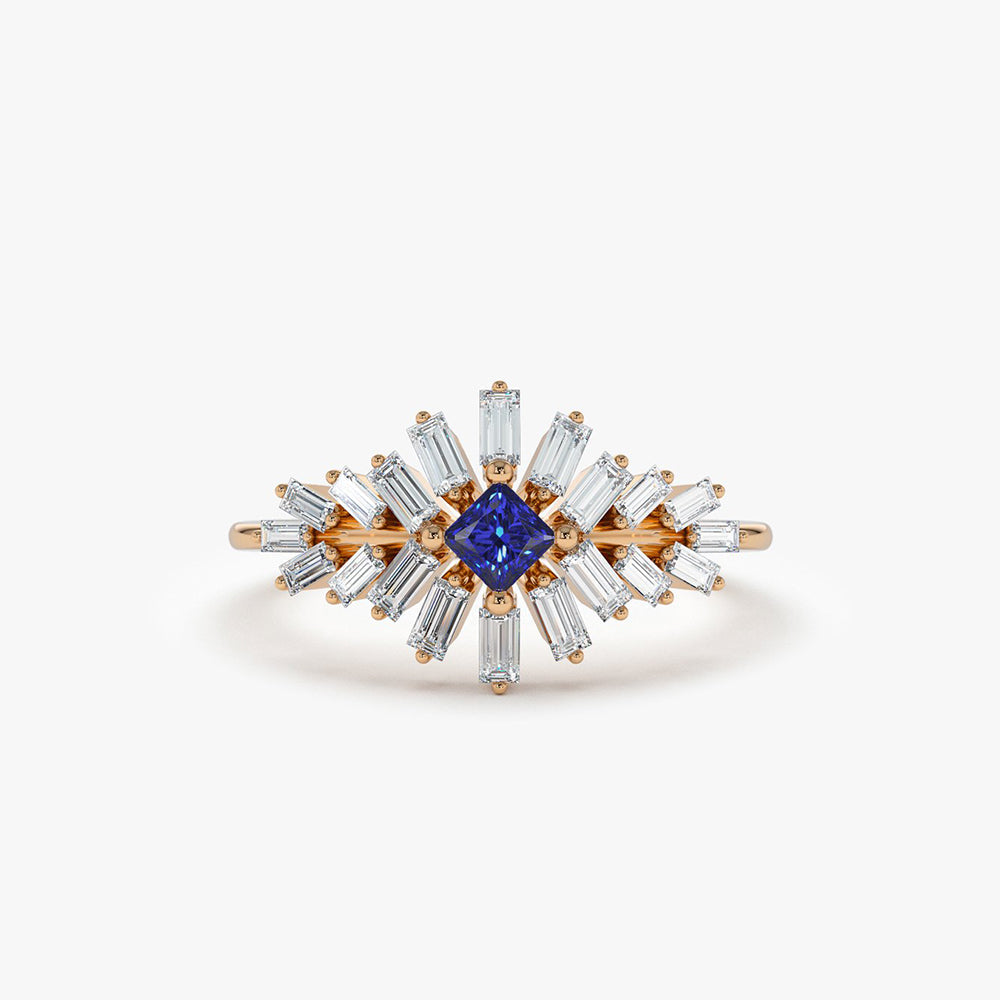 OBFJ2001 - 14K Baguette Diamond Ring with Square Sapphire 5