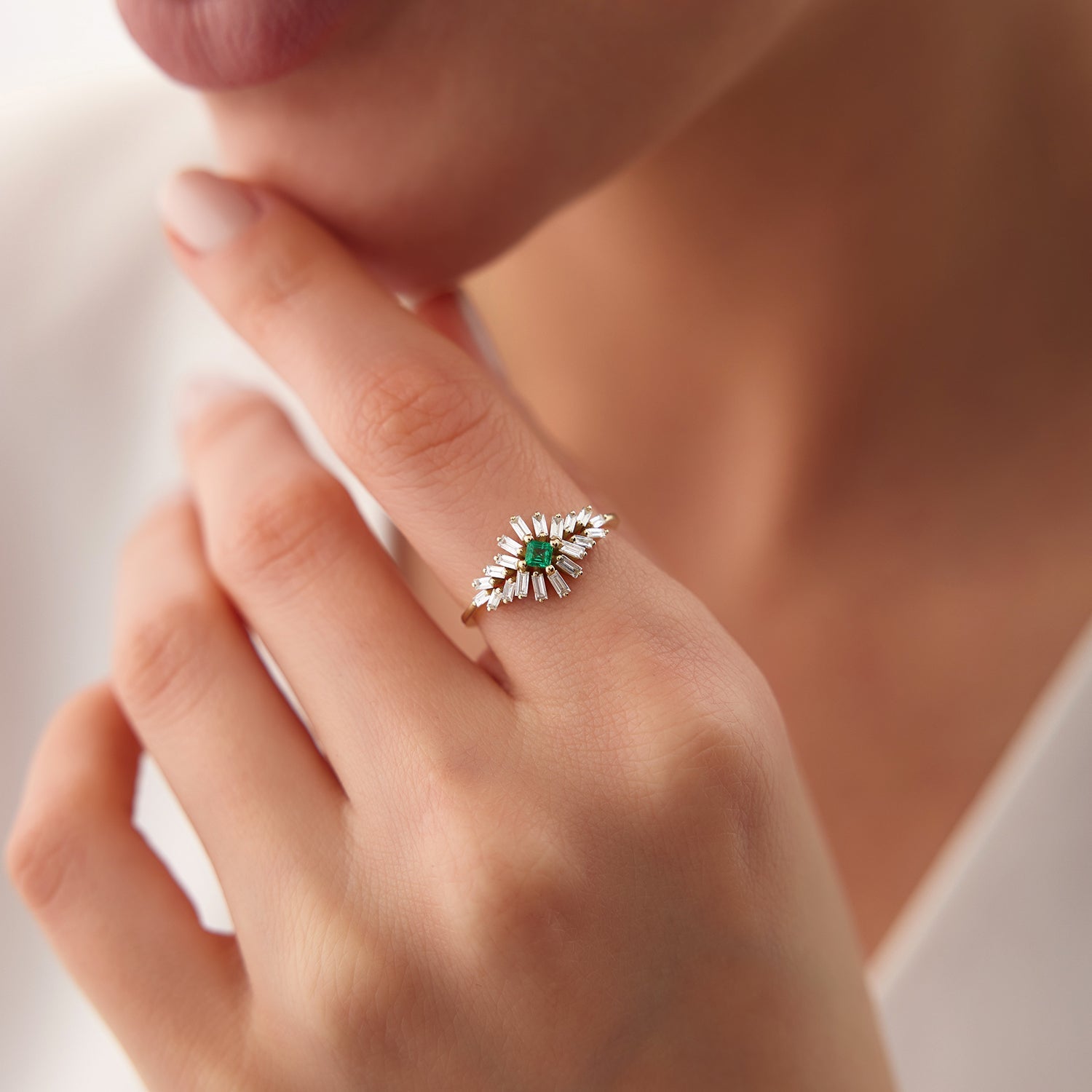 OBFJ2266 - 14K Baguette Diamond Ring with a Square Emerald 3