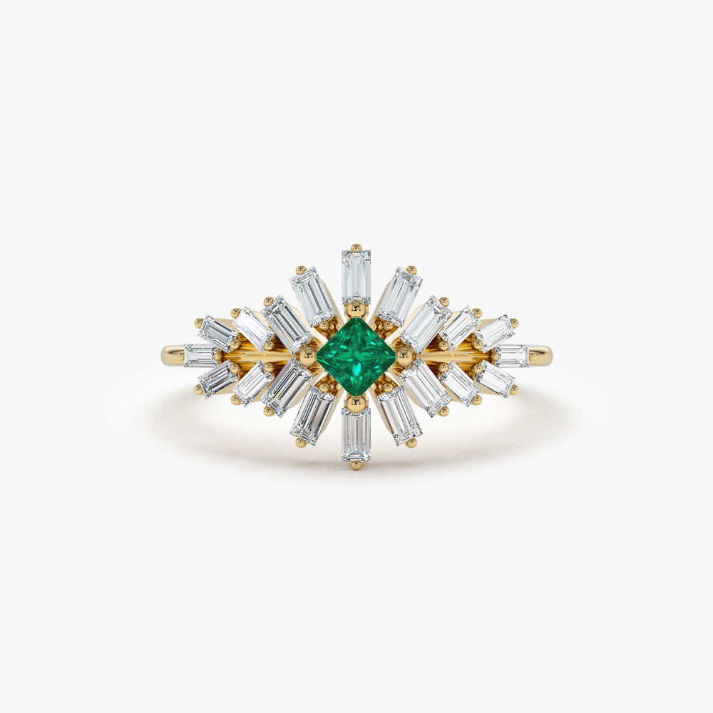 OBFJ2266 - 14K Baguette Diamond Ring with a Square Emerald 1